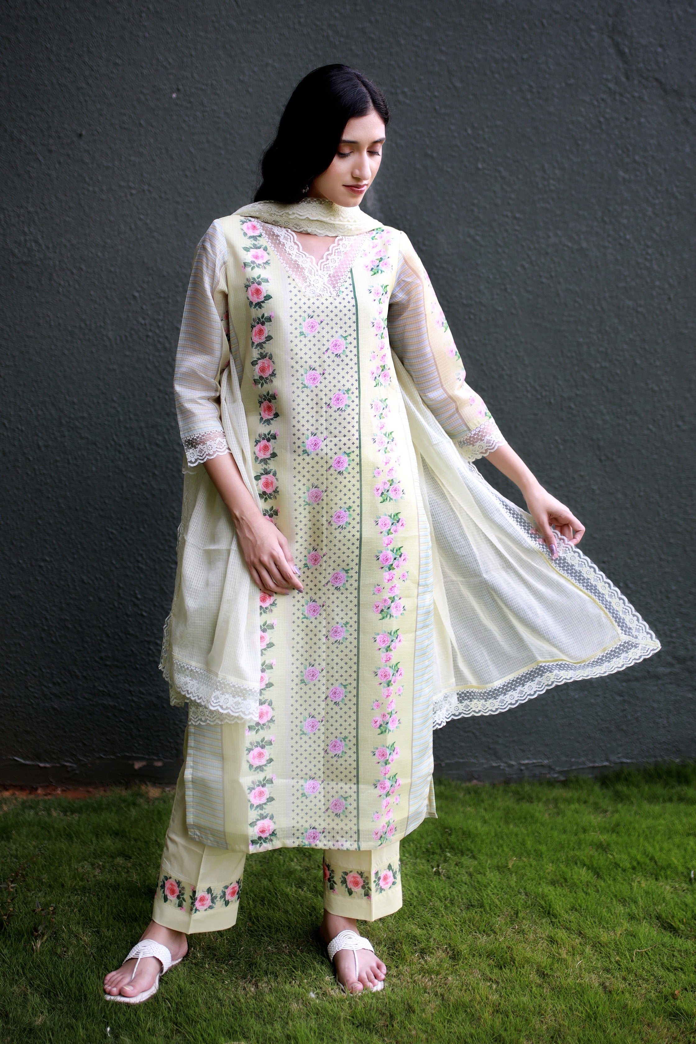 Malhaar Butter Yellow Kota Kurta And Bottom