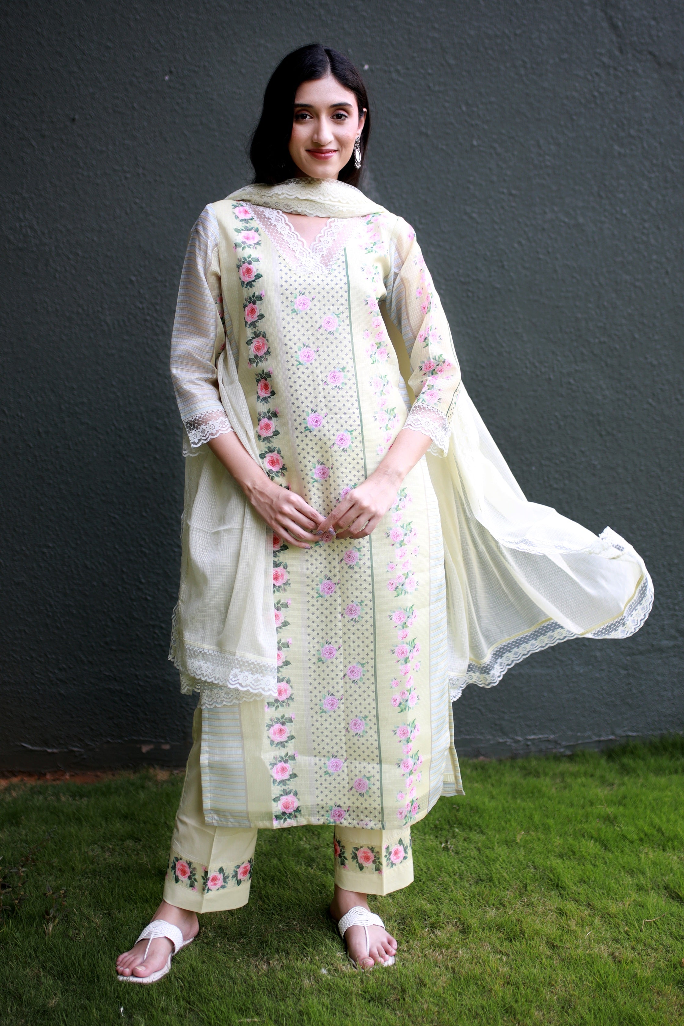 Malhaar Butter Yellow Kota Kurta And Bottom
