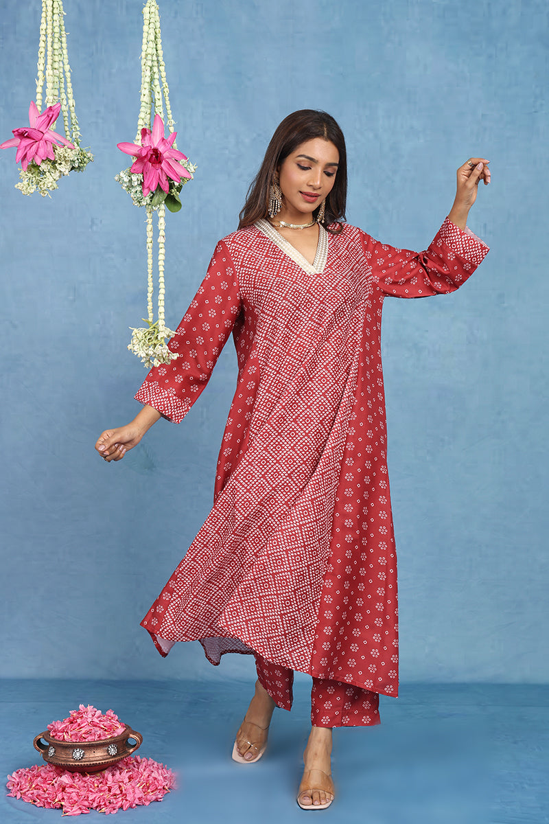 Malhaar Red Bhandini Cotton Kurta