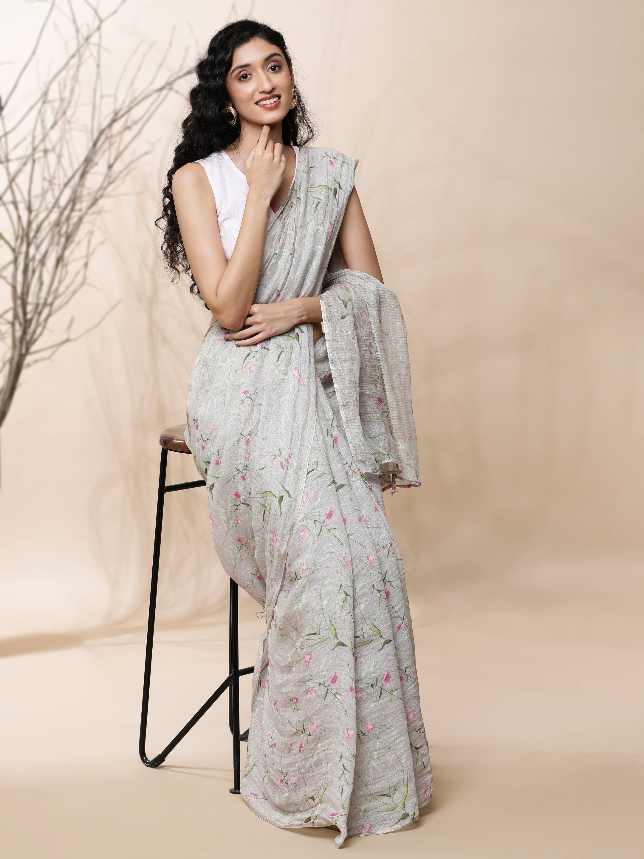 Noor - Eternal Spring Grey Linen Saree