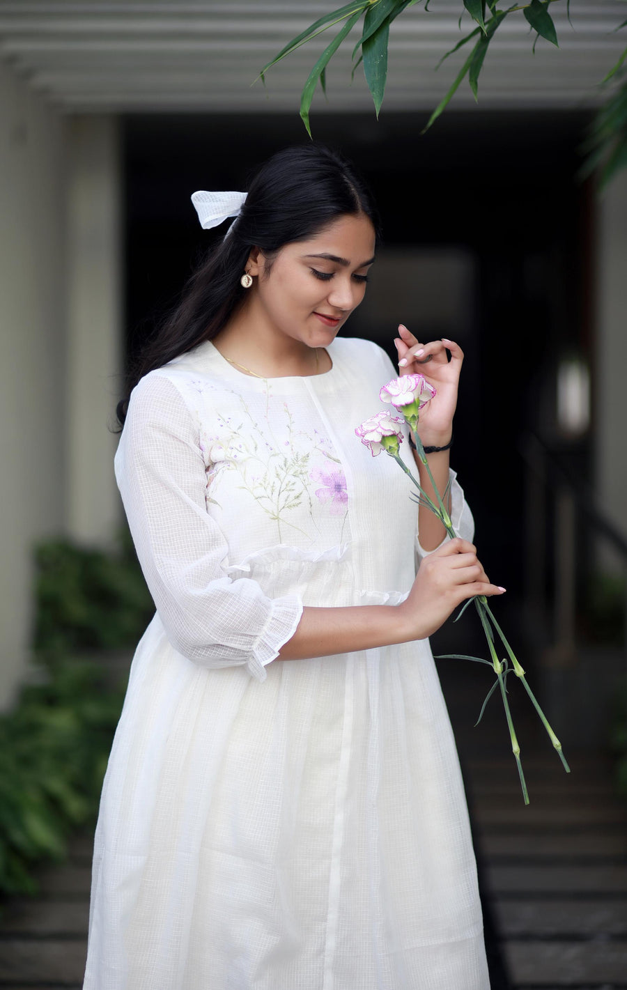 Angelic Essence White And Lilac Orchids Kota Cotton Kurta/ Dress