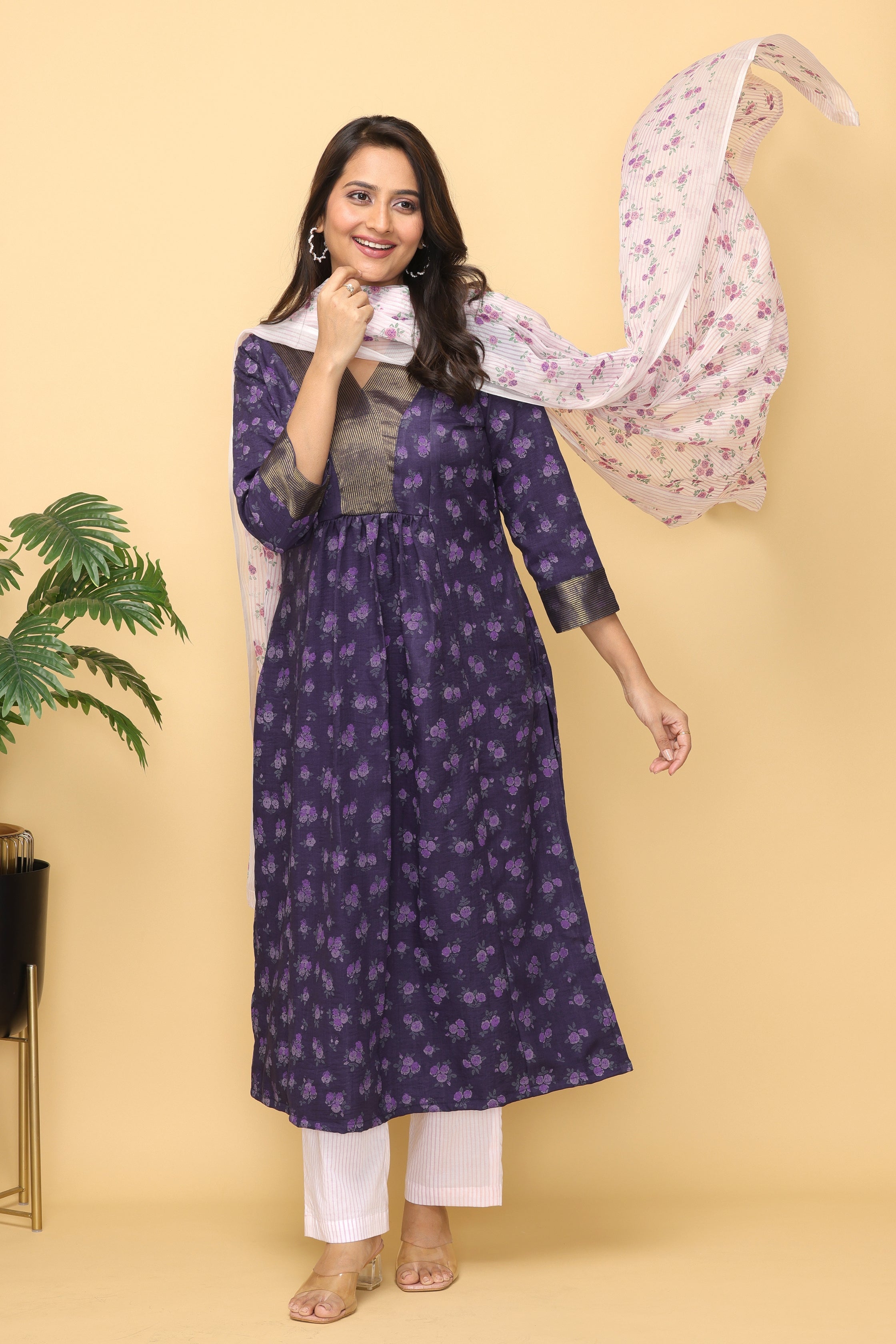 Malhaar Twill Zari Yoke Cotton Kurta And Bottom