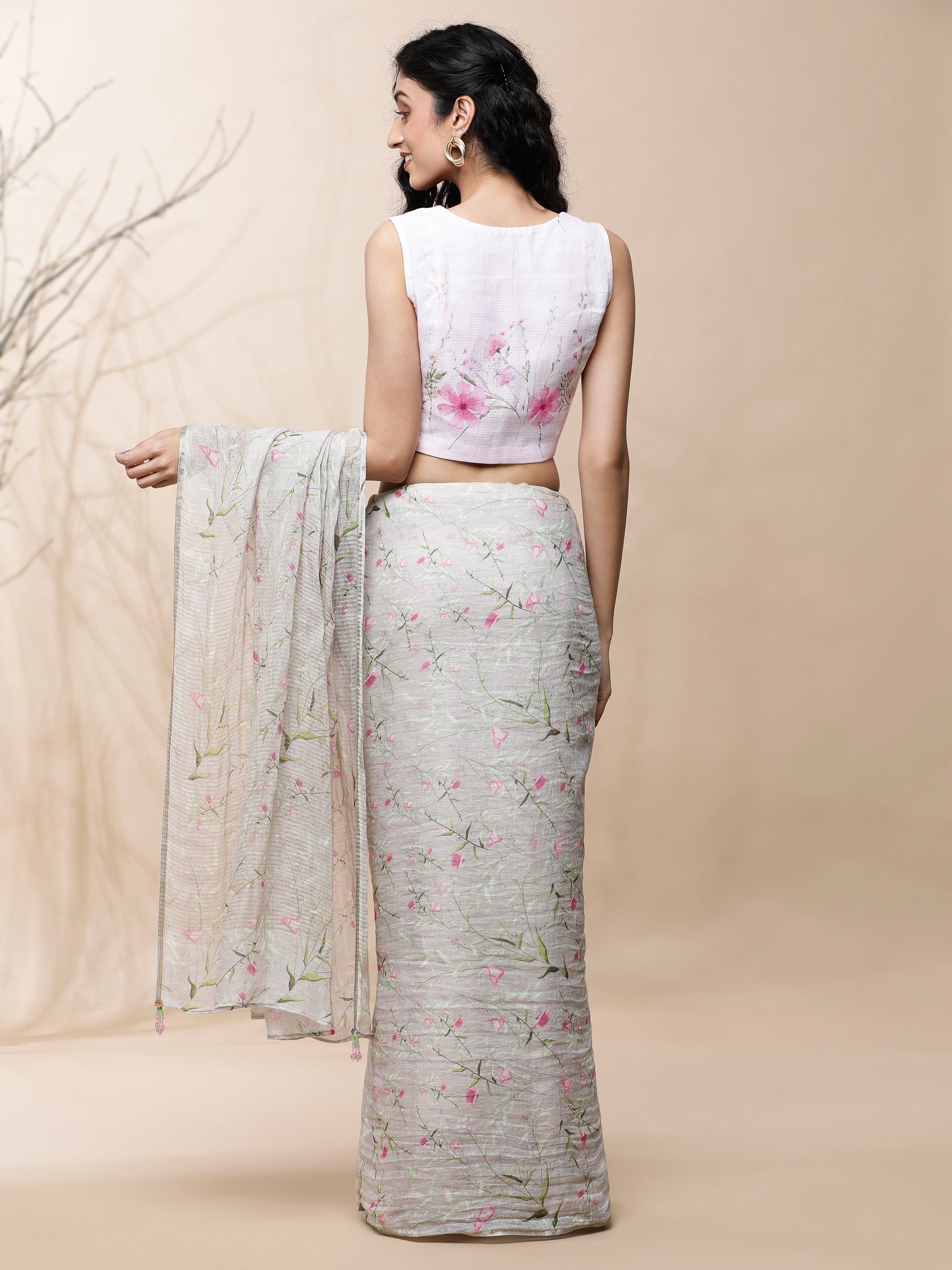 Noor - Eternal Spring Grey Linen Saree