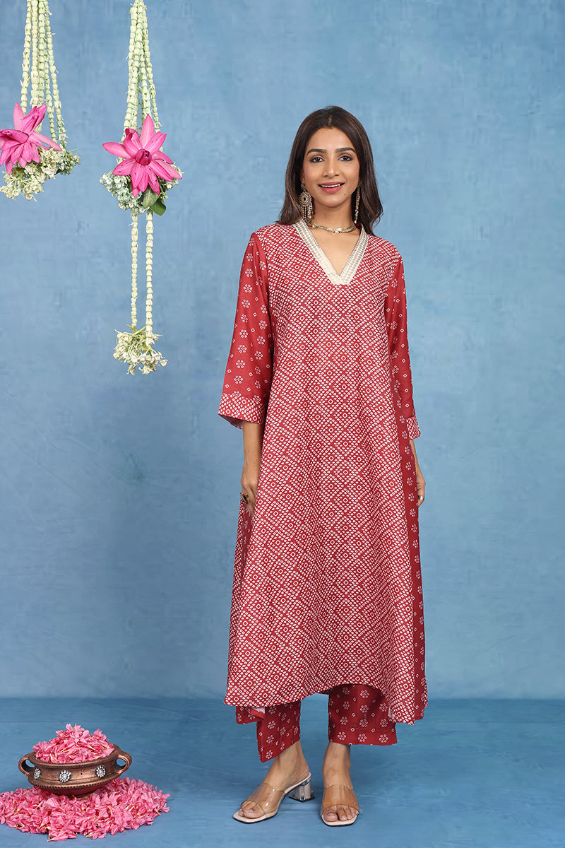 Malhaar Red Bhandini Cotton Kurta