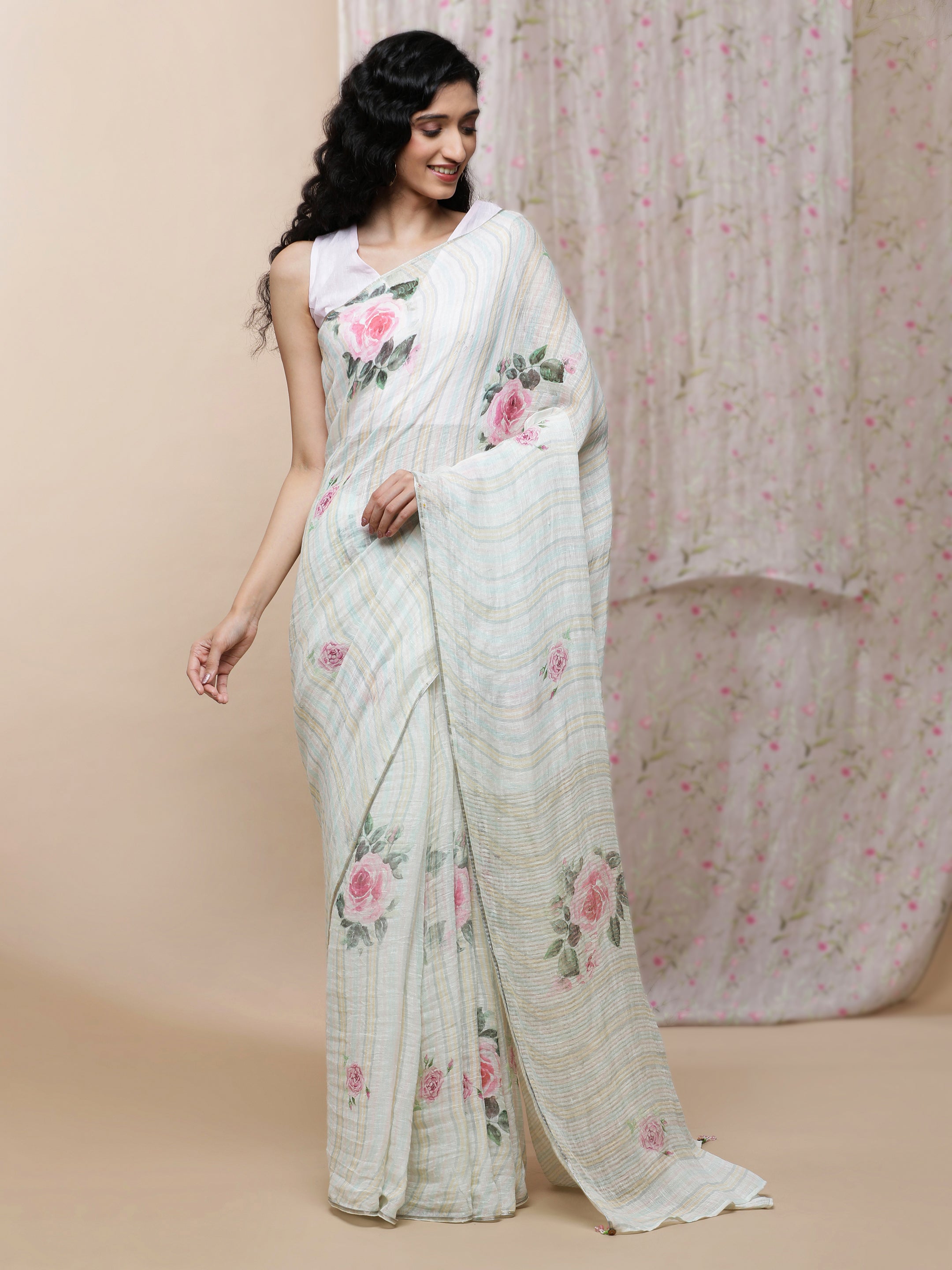 Noor - Morning Mist Linen Saree