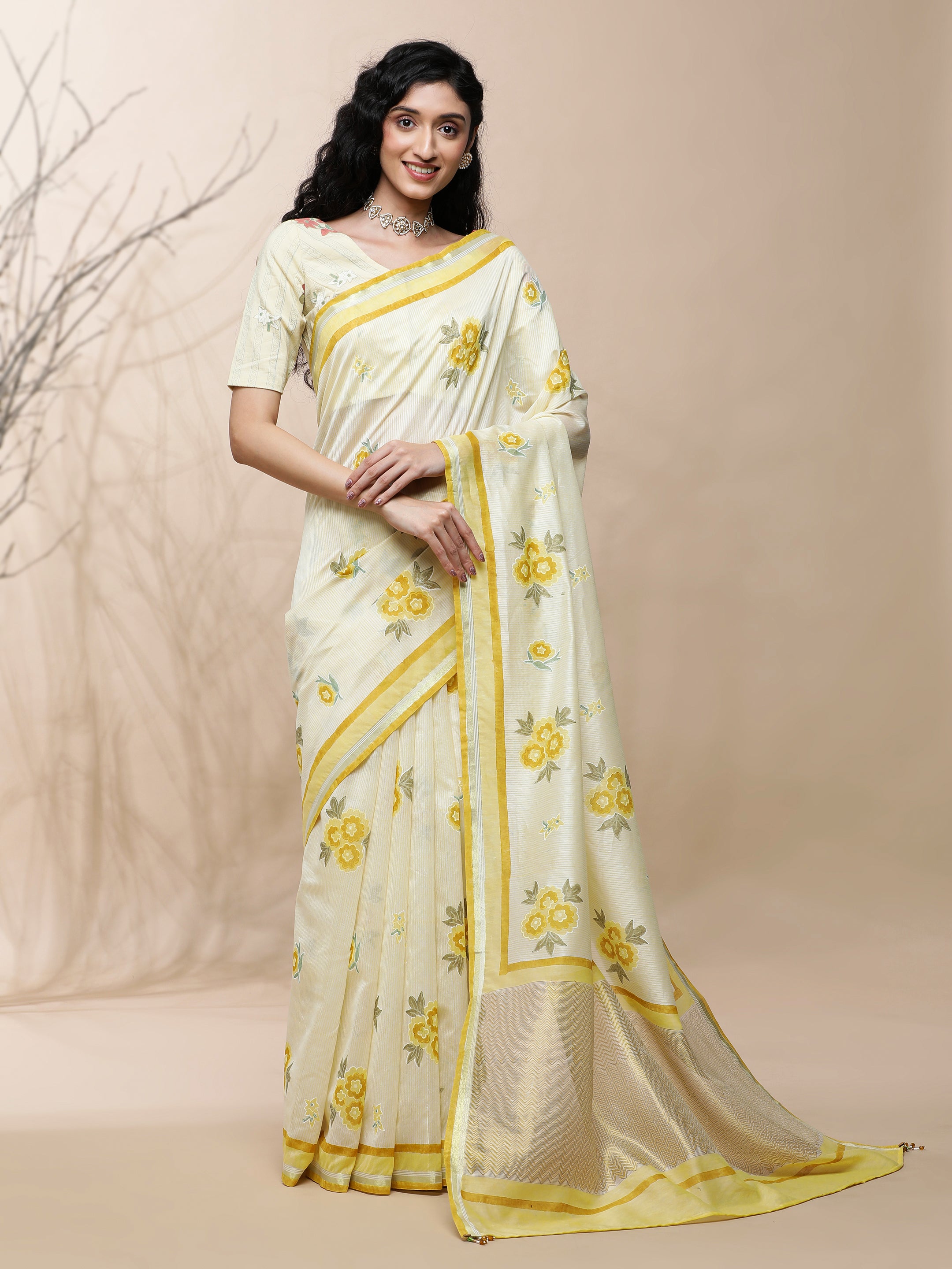 Bageecha Chanderi Yellow Silk Saree