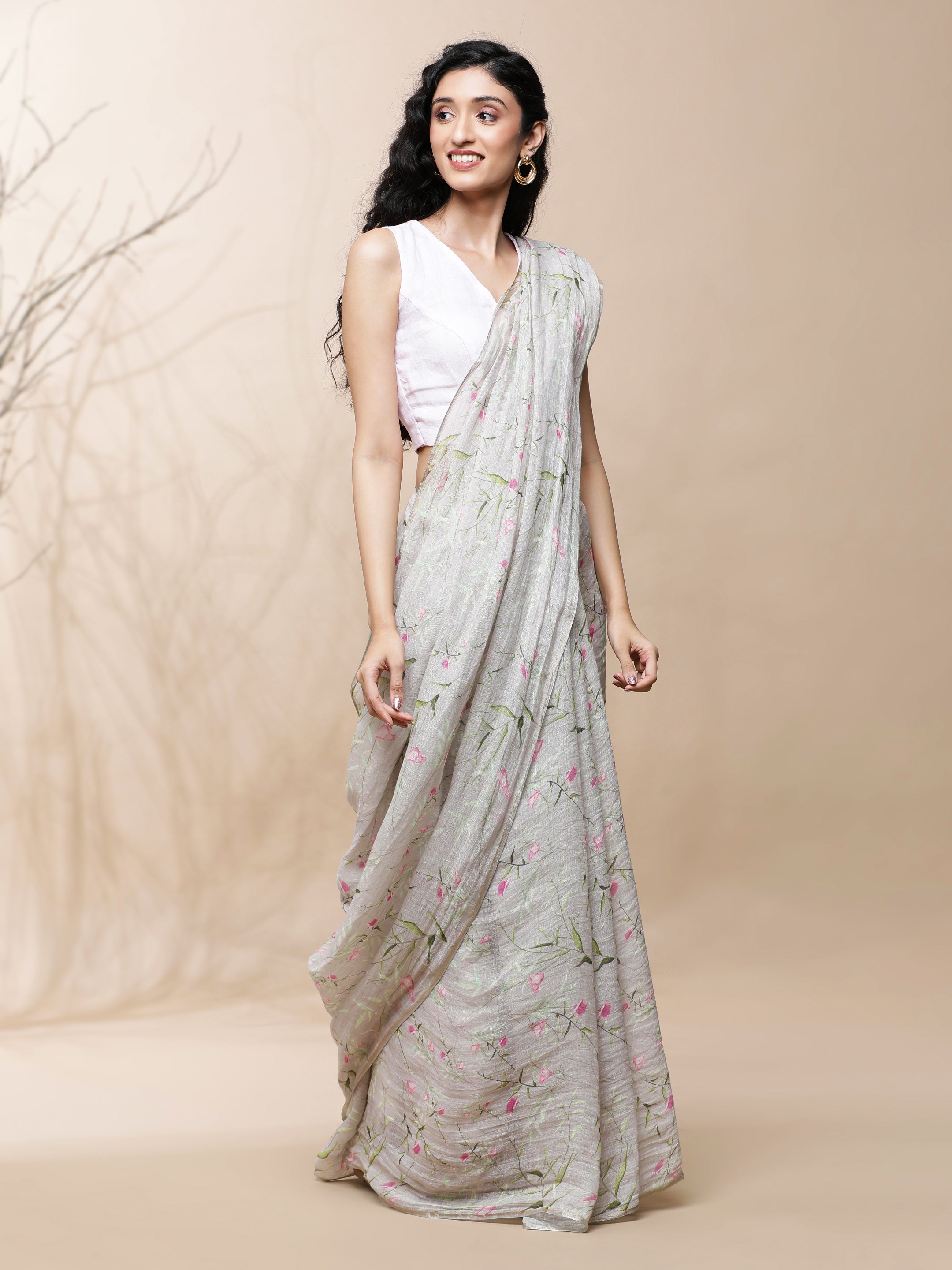 Noor - Eternal Spring Grey Linen Saree