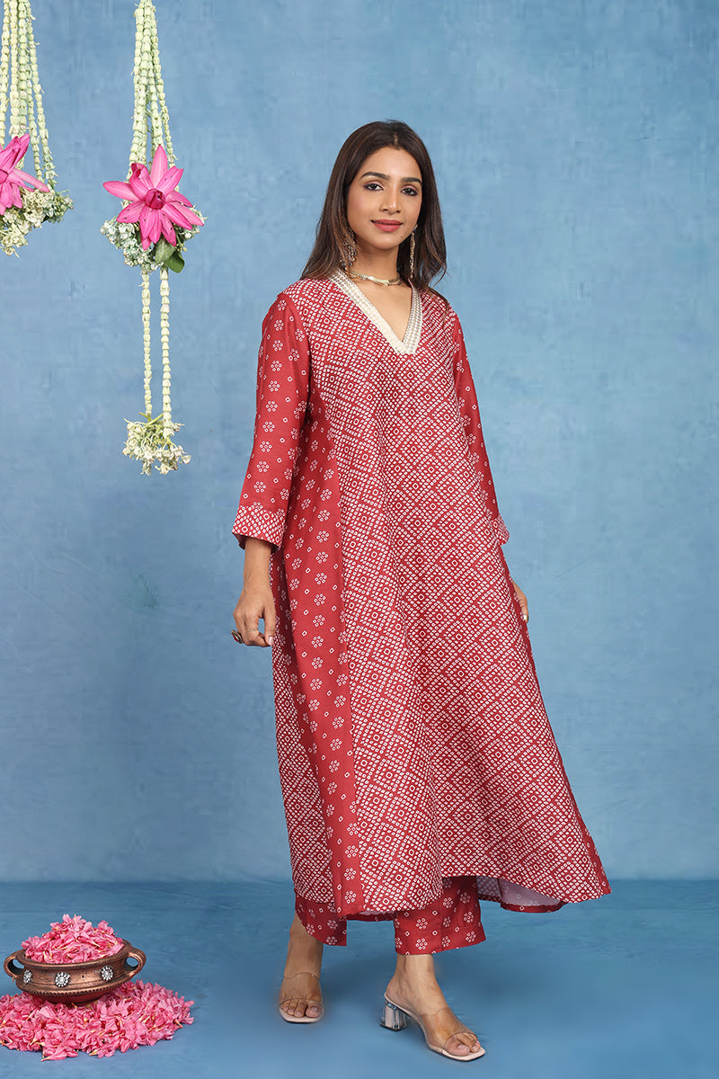 Malhaar Red Bhandini Cotton Kurta