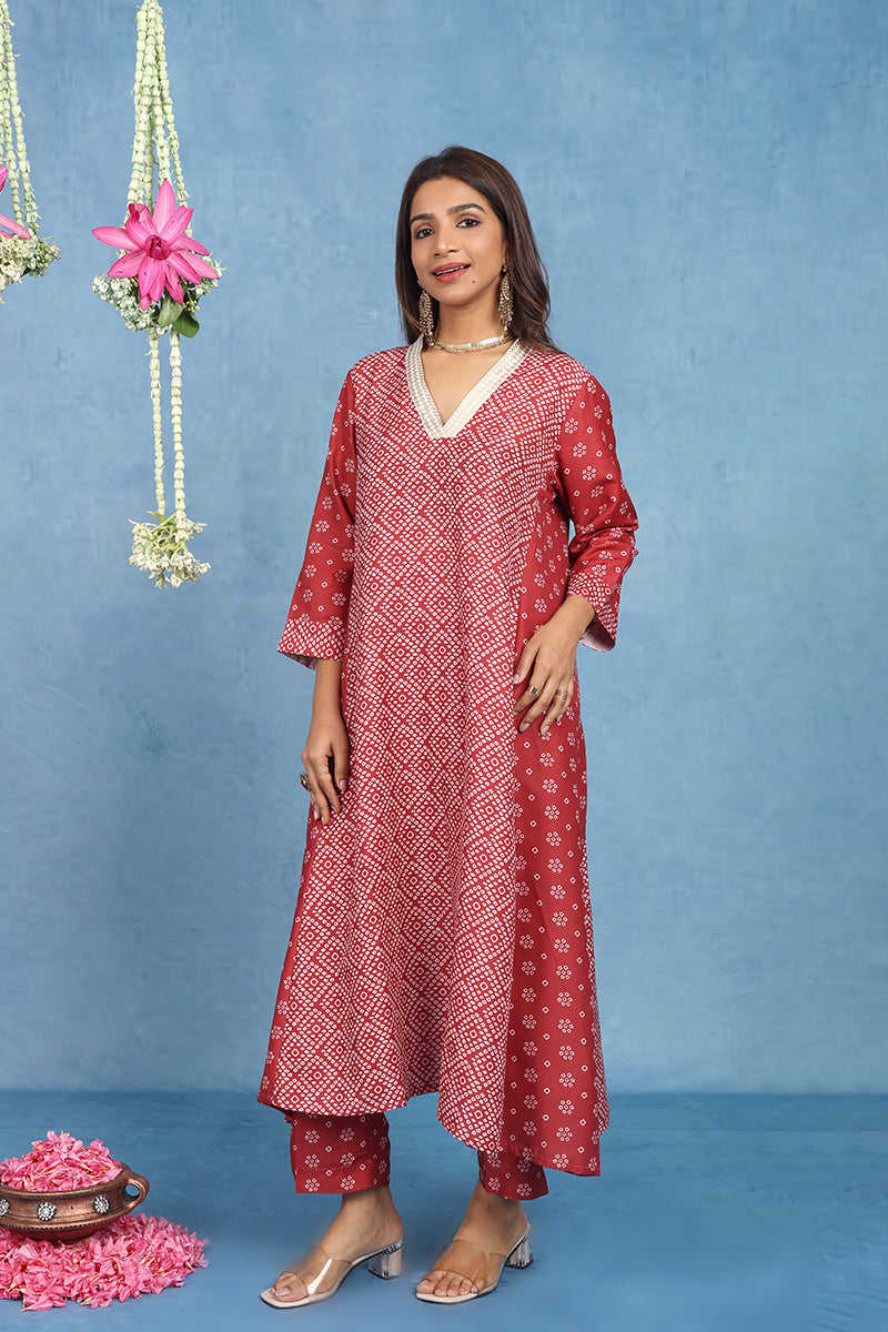 Malhaar Red Bhandini Cotton Kurta