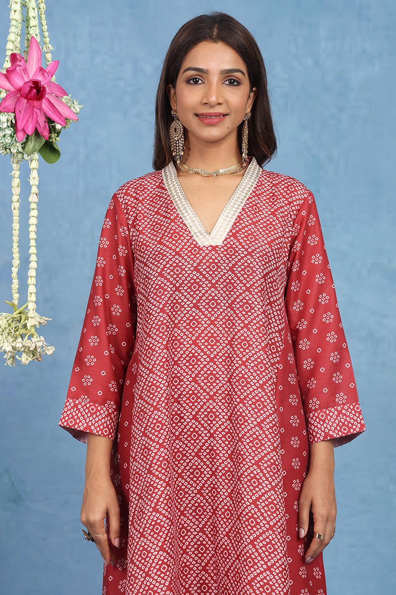 Malhaar Red Bhandini Cotton Kurta