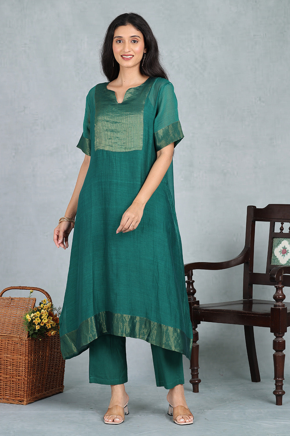 Bottle Green Kaftan Kurta Top , Bottom And Slip
