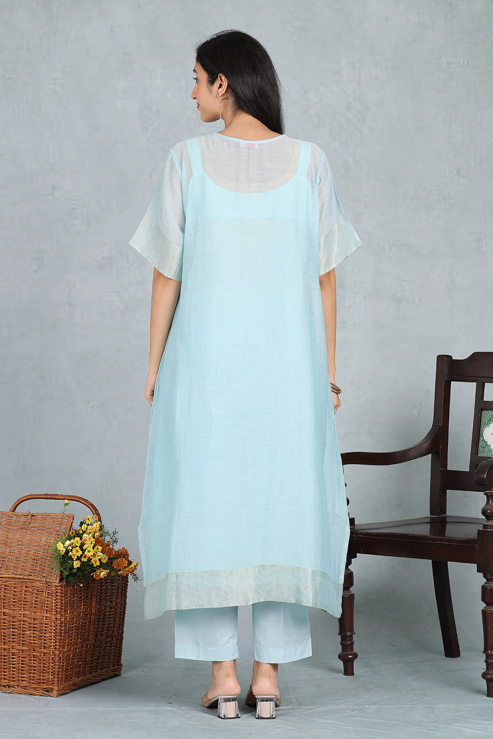 Cloud Blue Kaftan Kurta Top , Bottom And Slip
