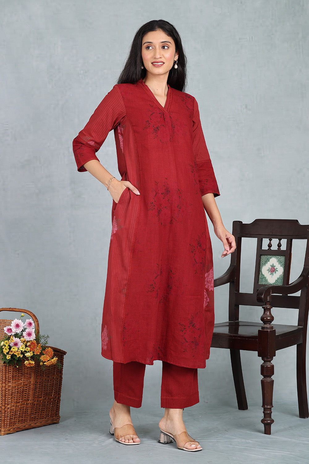 Berry Crimson Handwoven Linen Kurta Top And Bottom