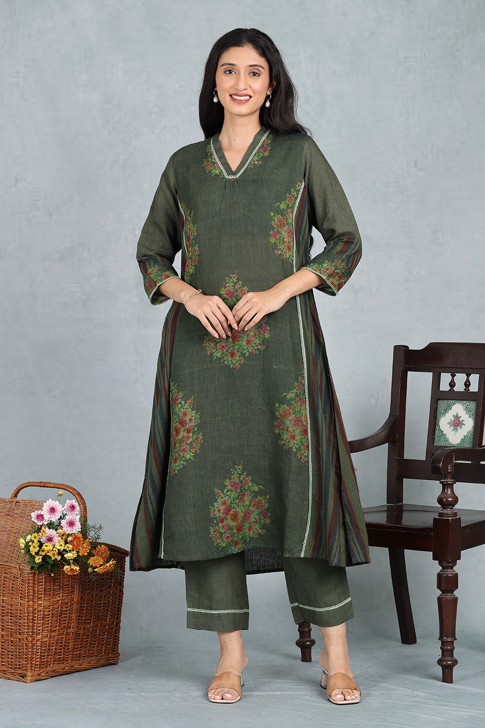 Olive Moss Handwoven Linen Kurta Top And Bottom