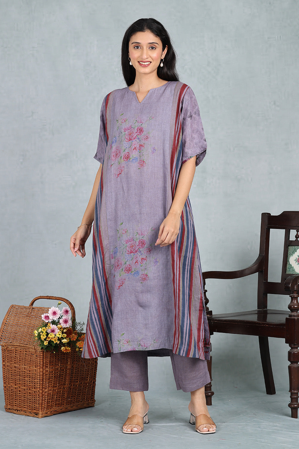 Mauve Lilac Handwoven Linen Kurta Top And Bottom