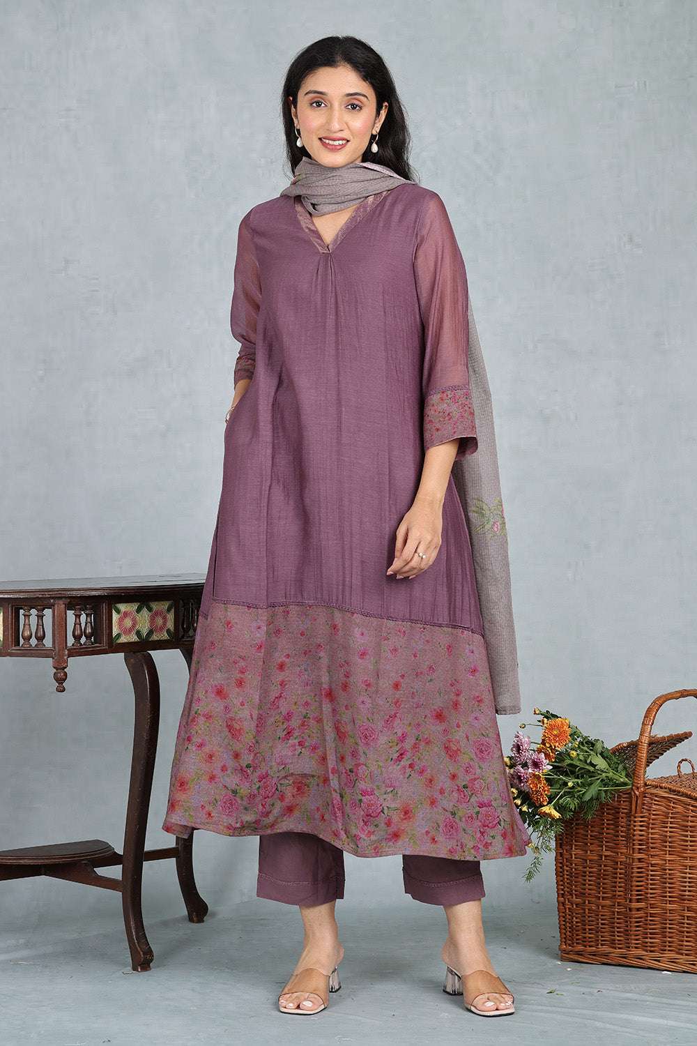 Plum Wine Handwoven Chanderi Top And Bottom