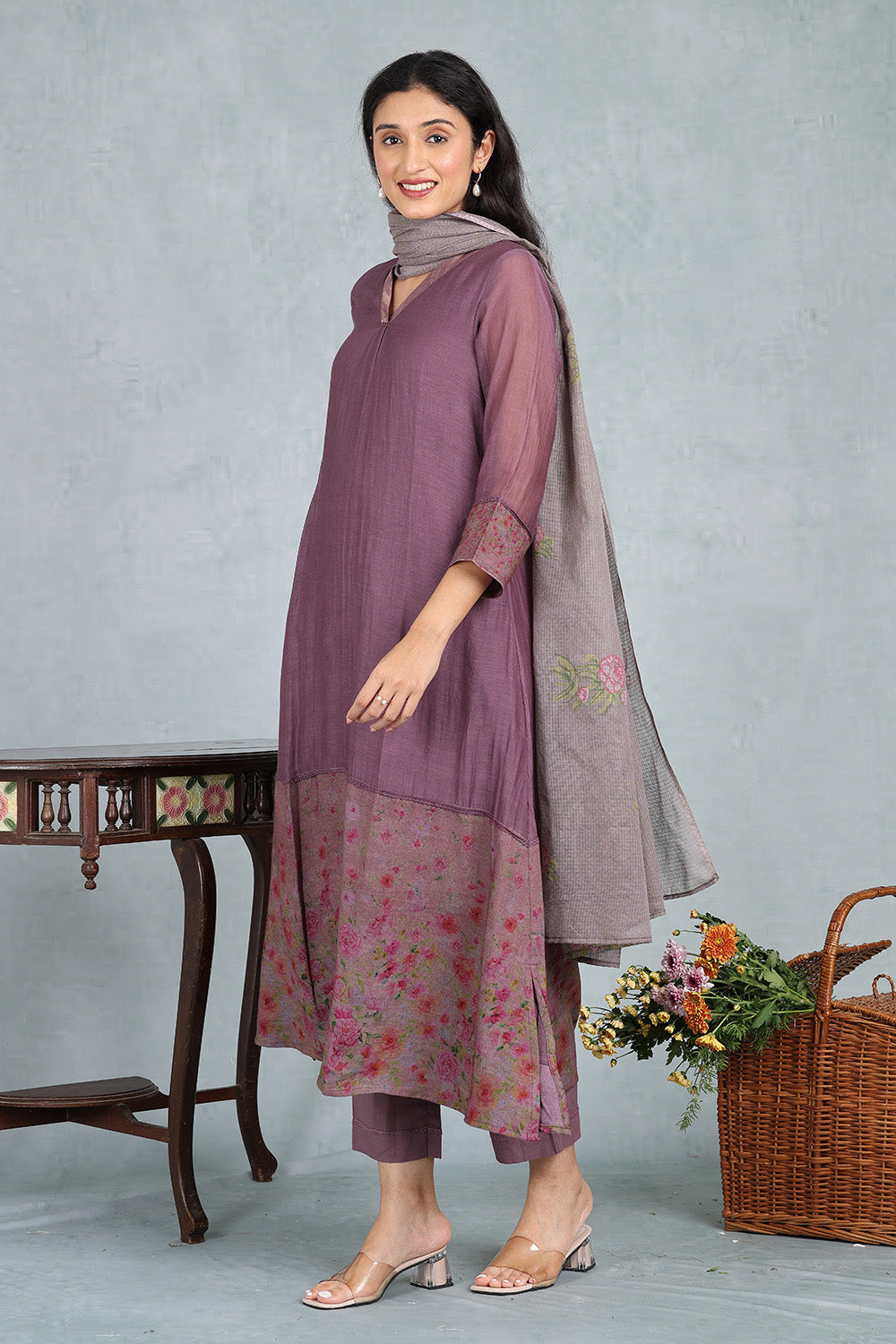 Plum Wine Handwoven Chanderi Top And Bottom