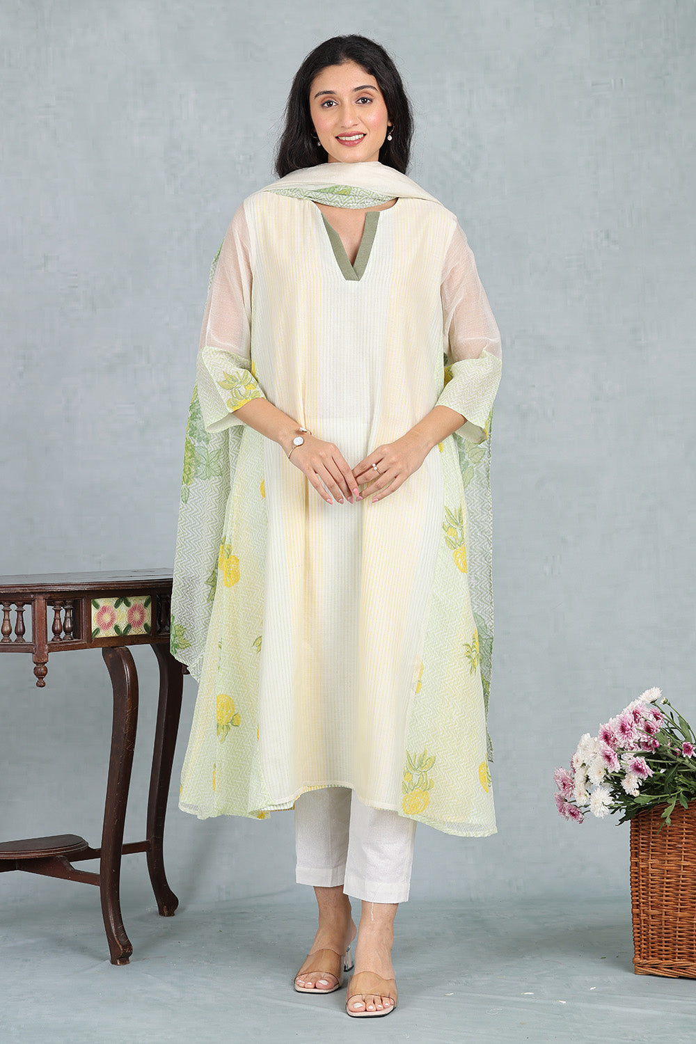 Ivory Chanderi Ensemble Top And Bottom