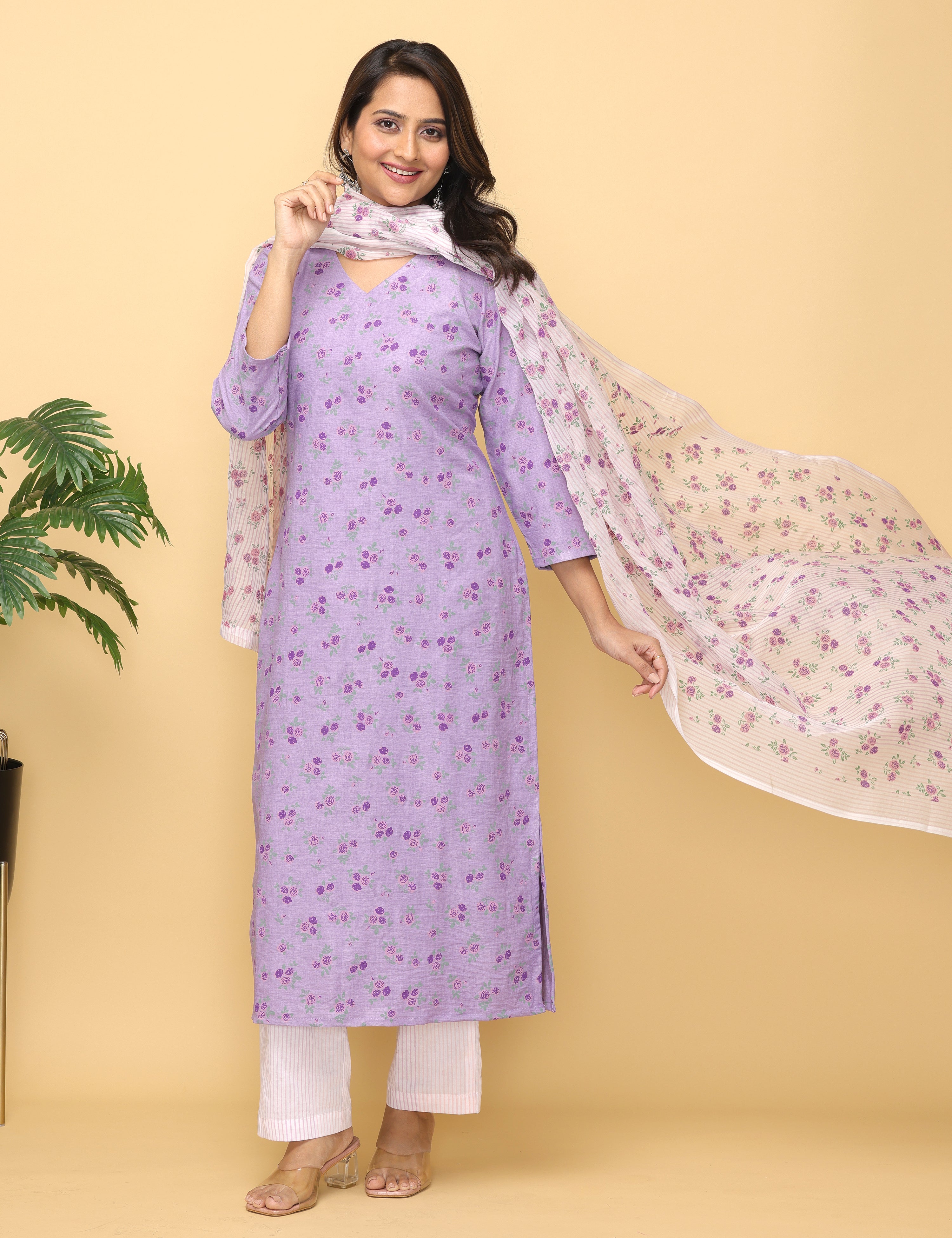 Malhaar Lilac Block Printed Yoke Kurta And Bottom