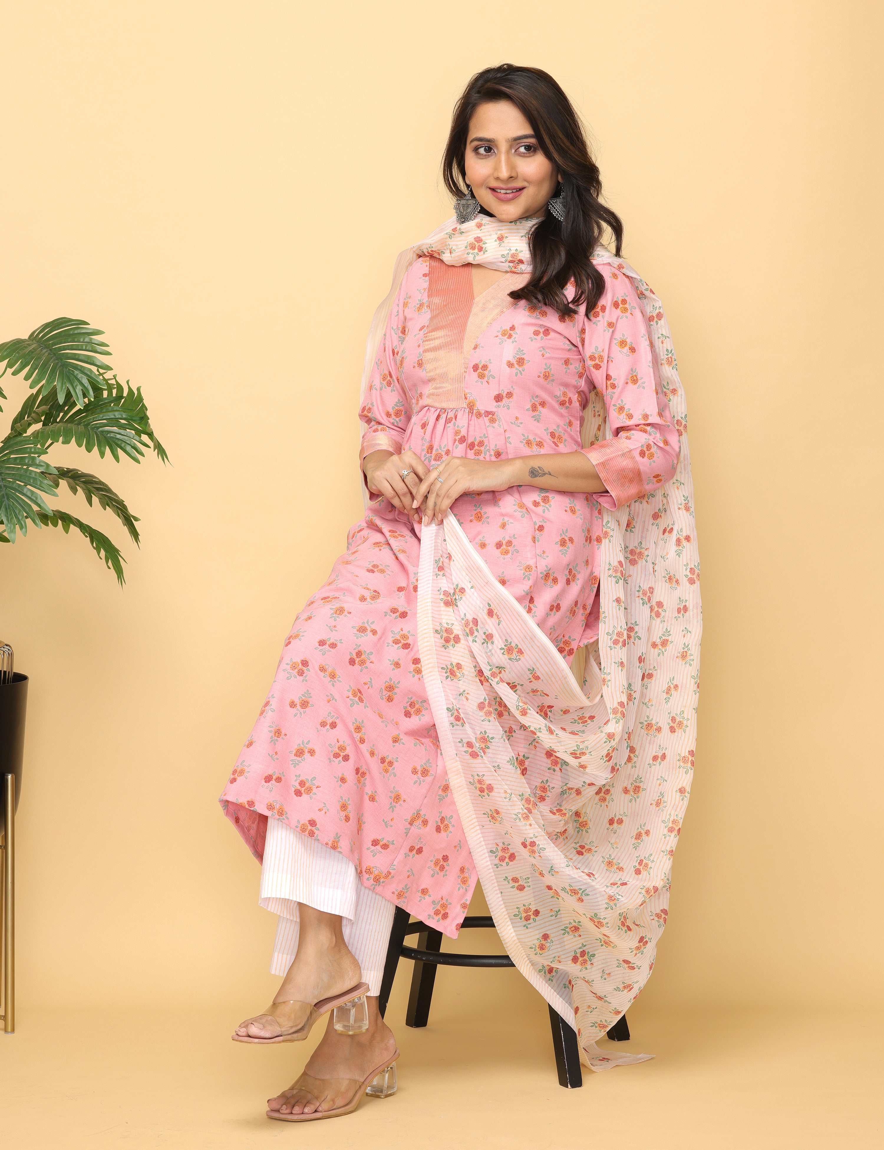 Malhaar Twill Zari Yoke Cotton Kurta And Bottom