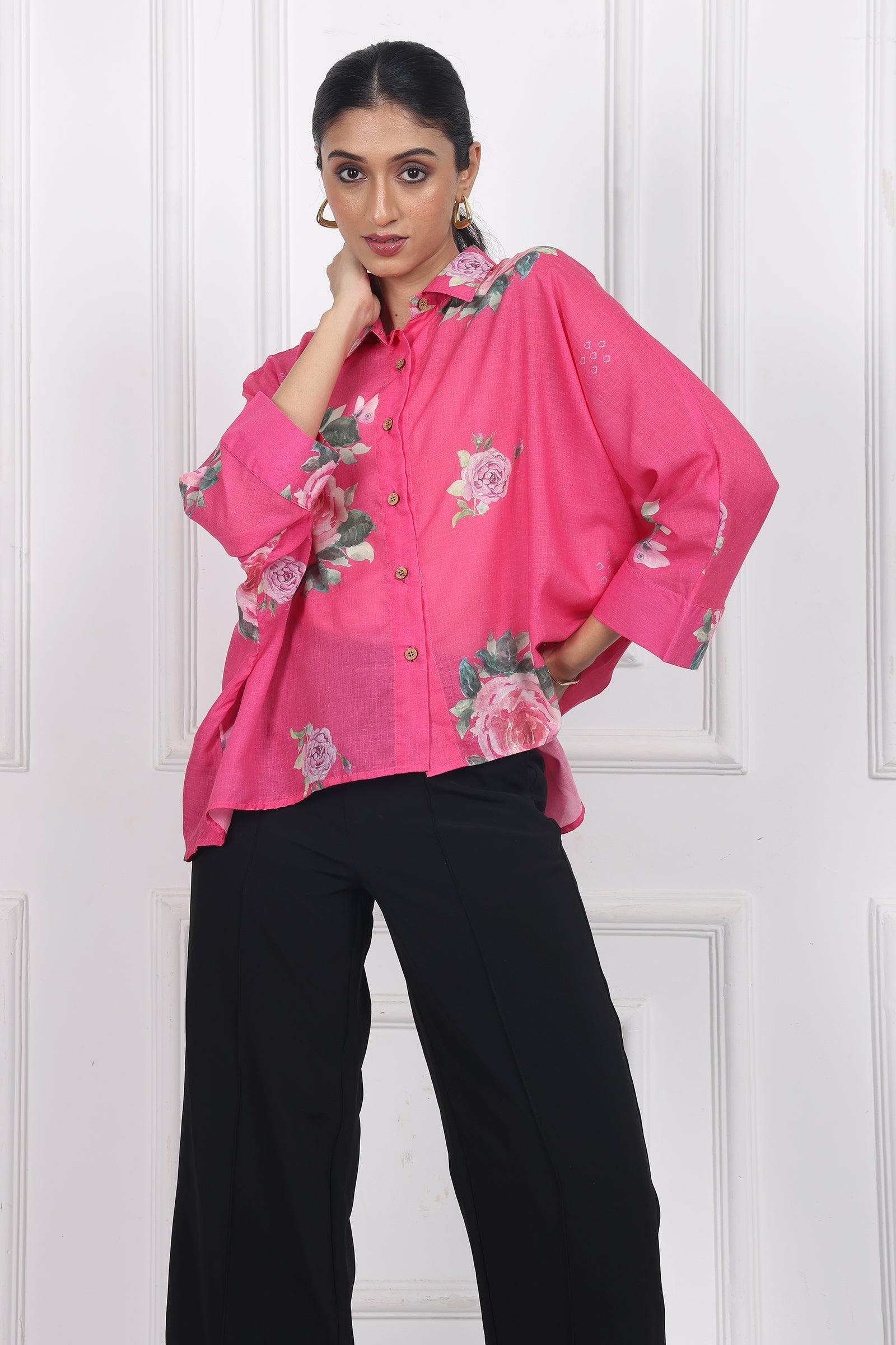 Wander Edit- Rose Boxy Shirt In Dark Pink Cotton