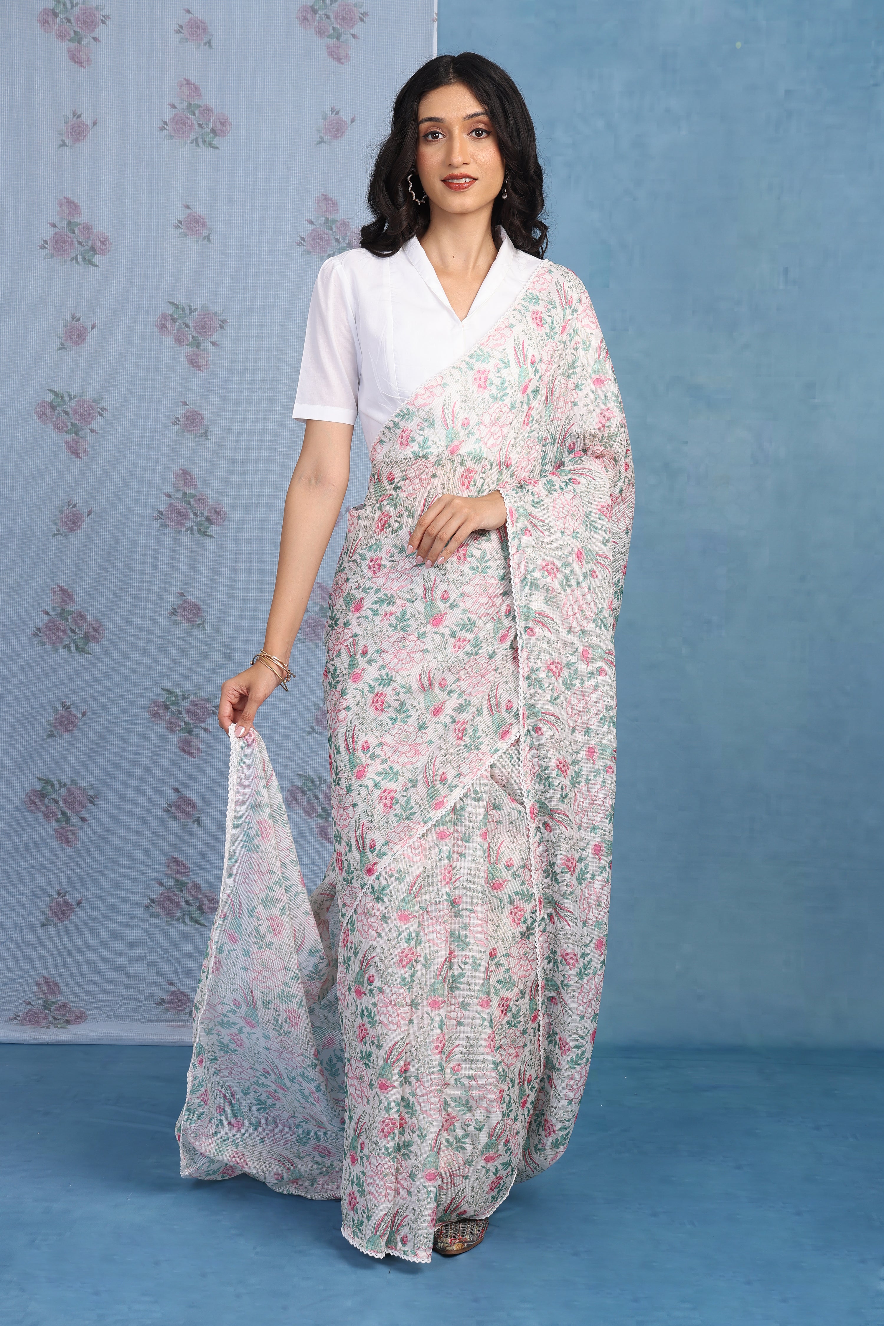 English Rose Garden - Pearl Vanilla Kota Saree