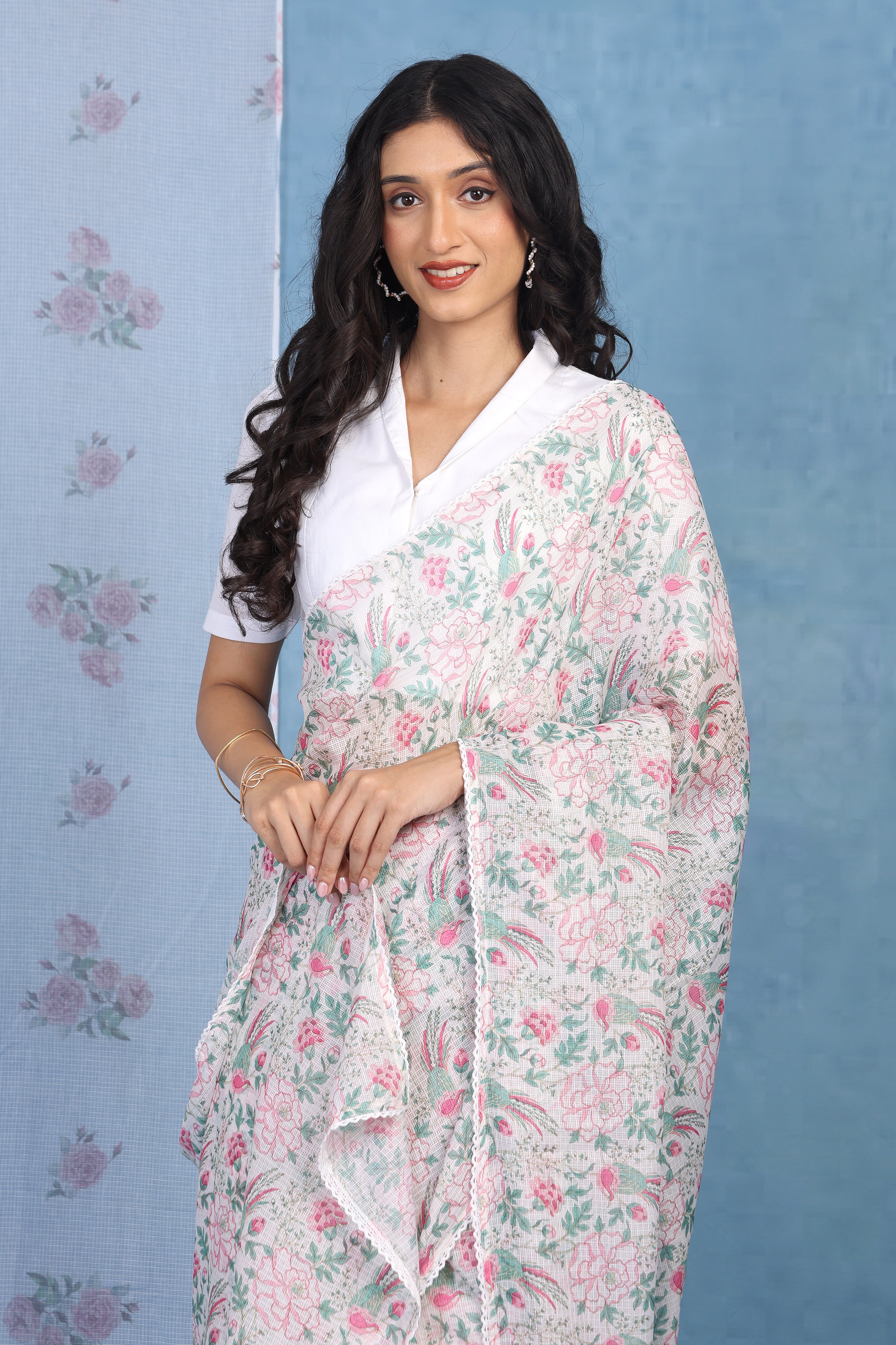 English Rose Garden - Pearl Vanilla Kota Saree