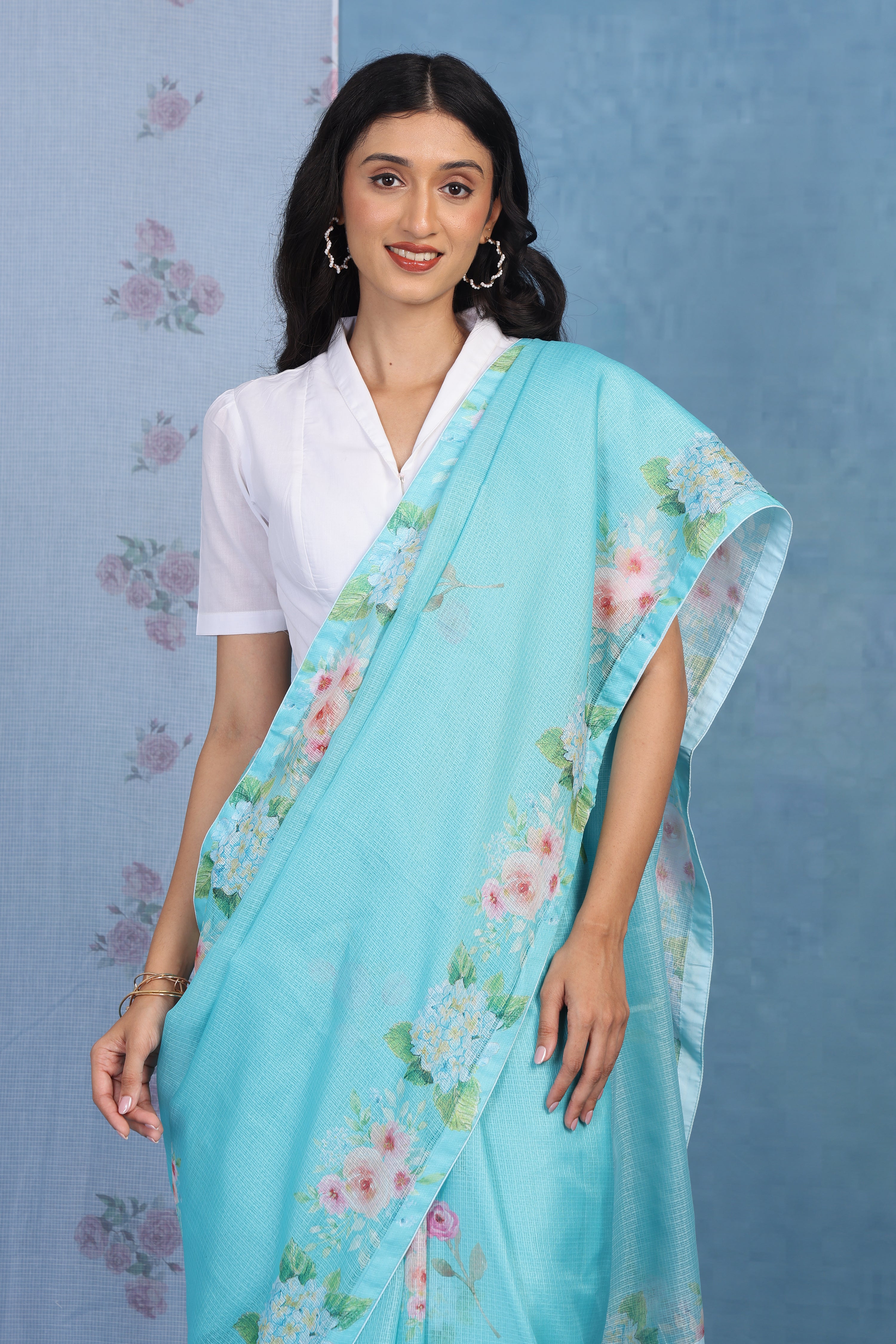 English Rose Garden - Turquoise Tide Kota Saree