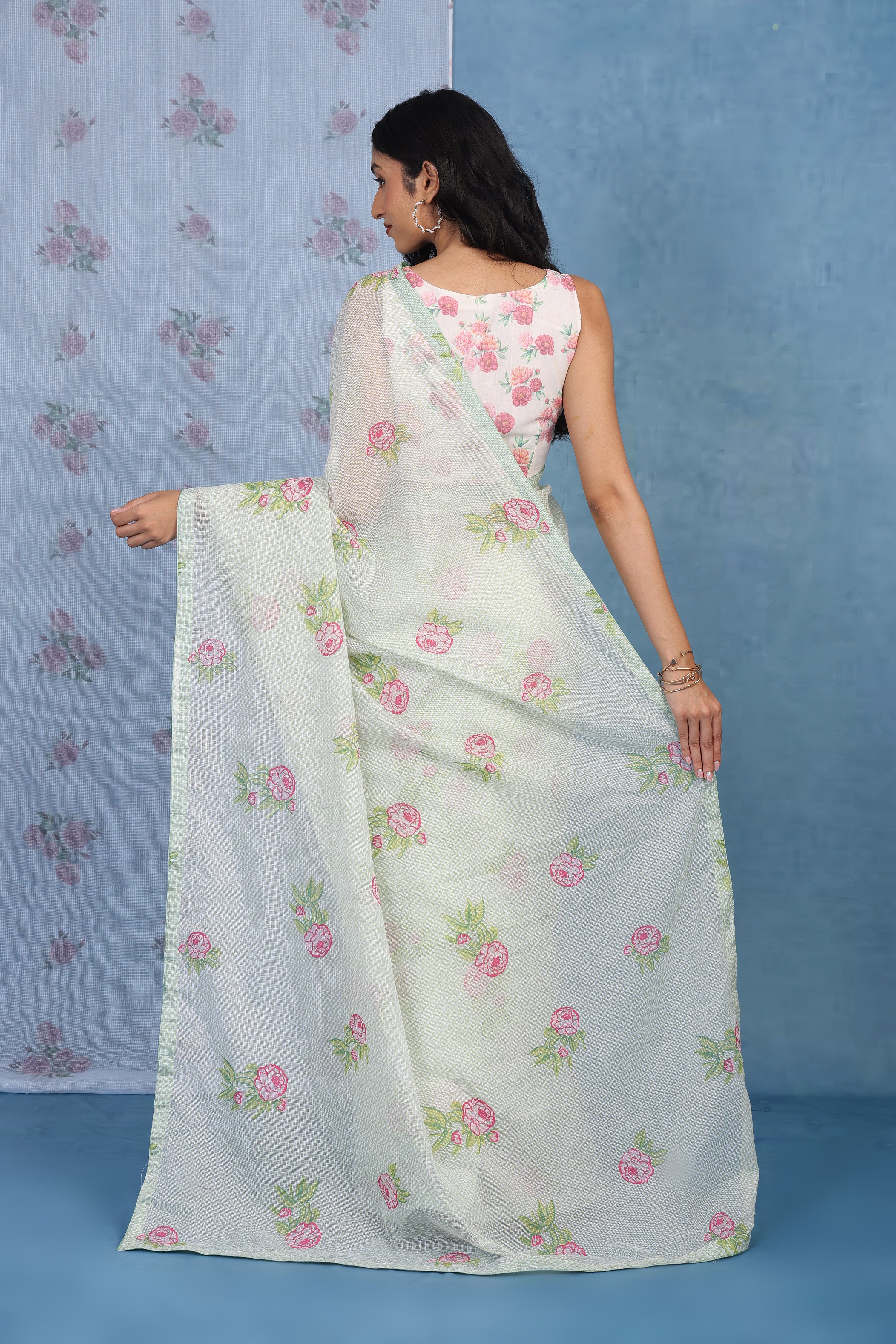 English Rose Garden - Green Lagoon Kota Saree