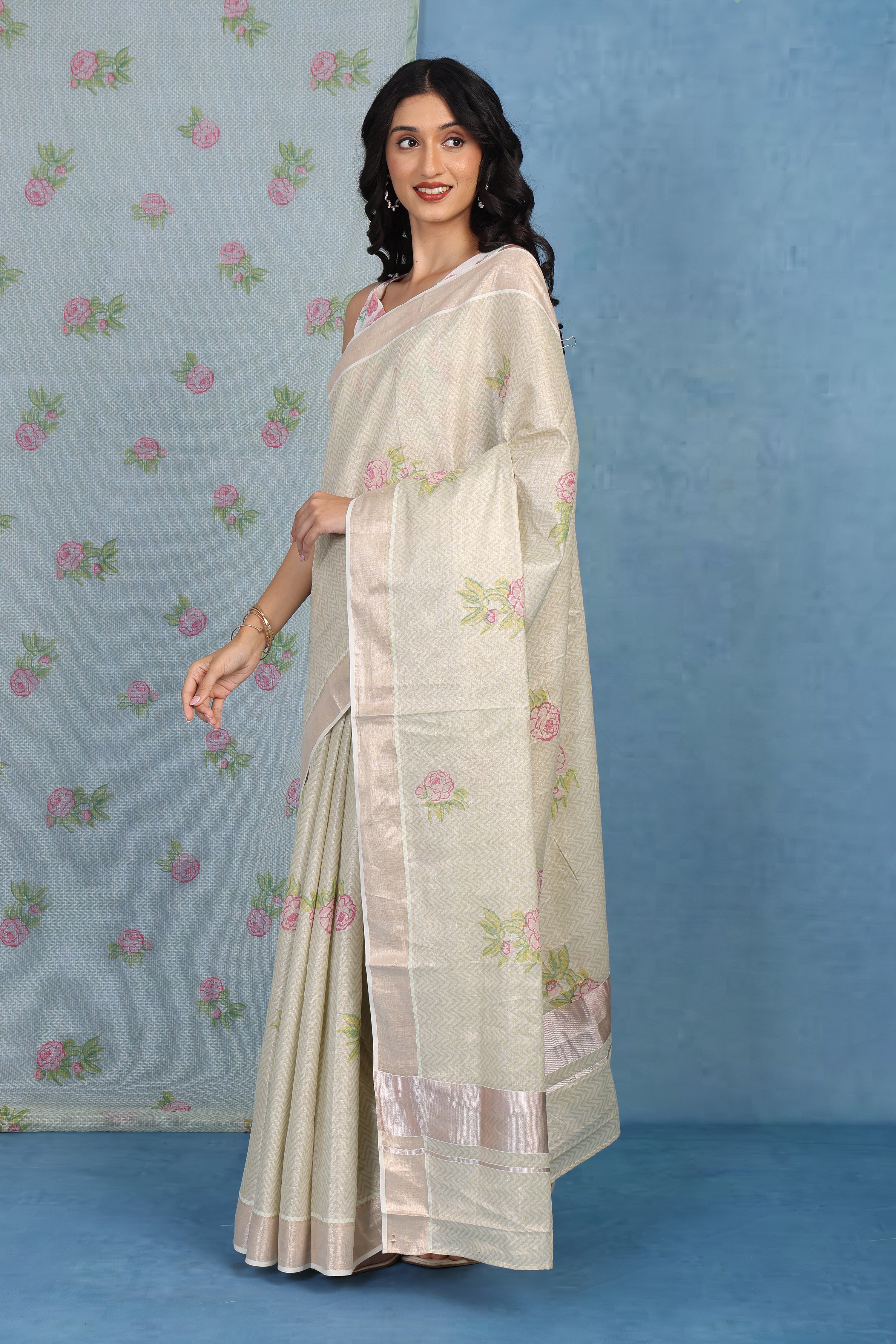 Forest On Sand Beige And Pale Rose Cotton Silk Saree