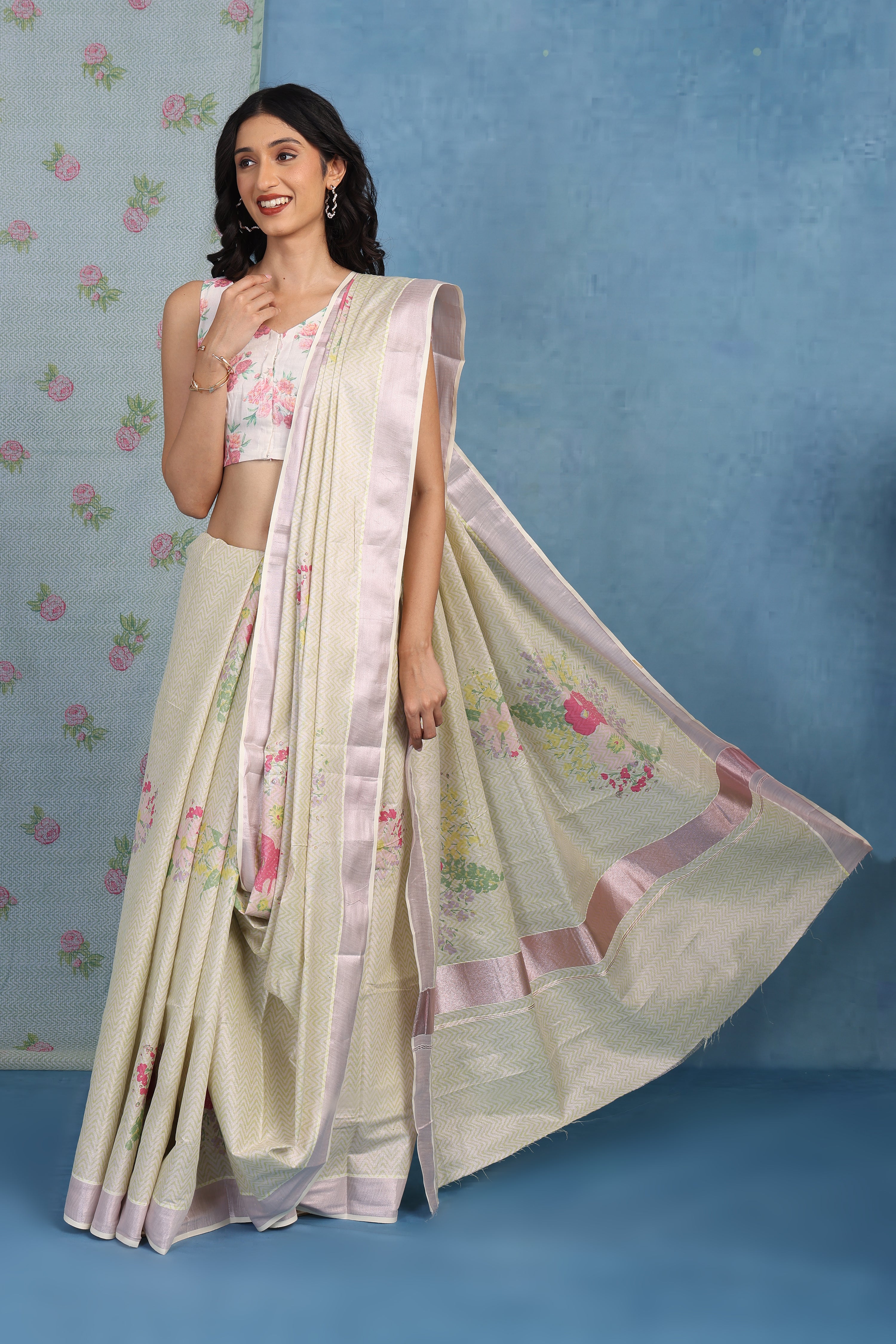 Forest On Sand Beige And Multicolored Cotton Silk Saree