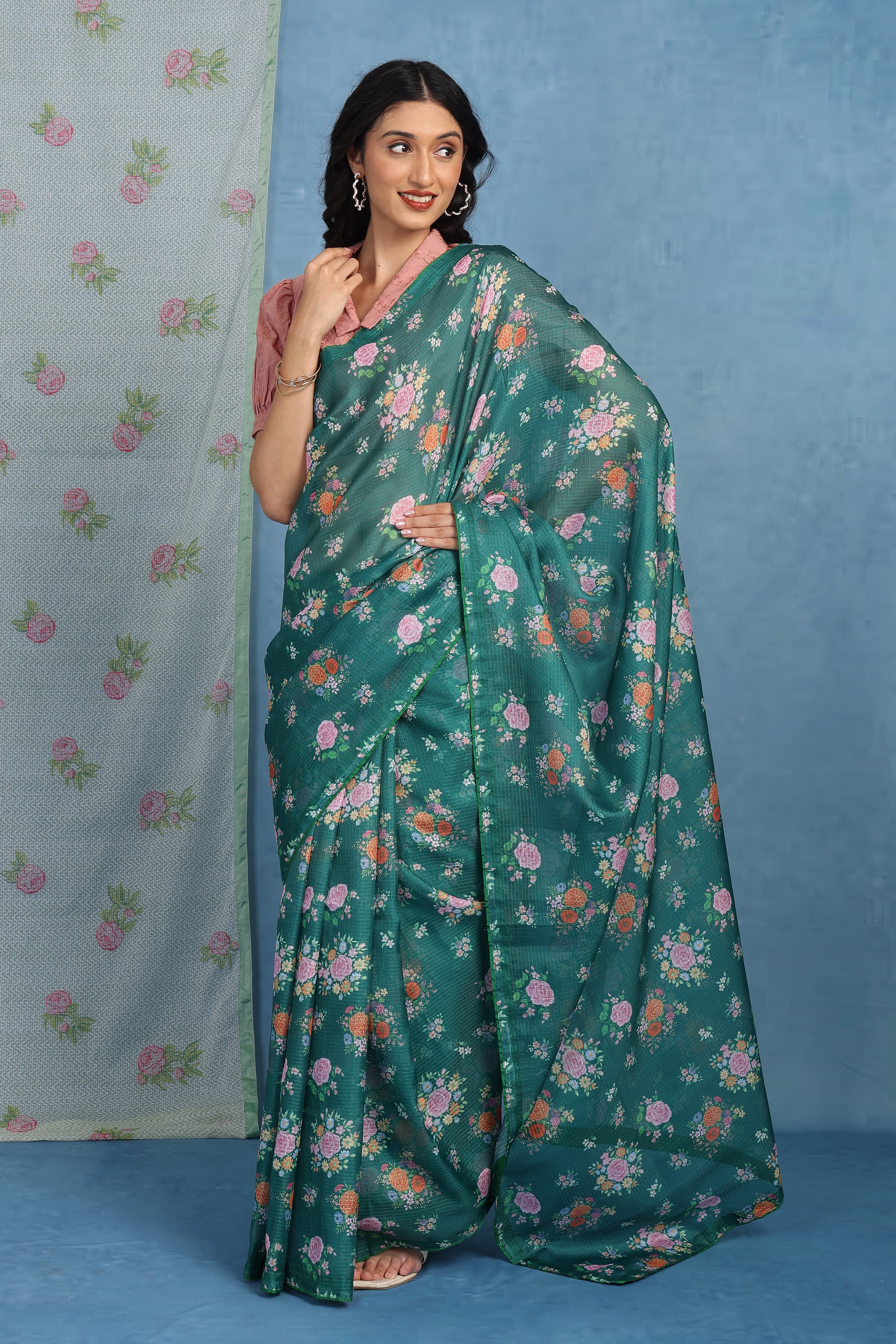 English Rose Garden - Willow Green Kota Saree