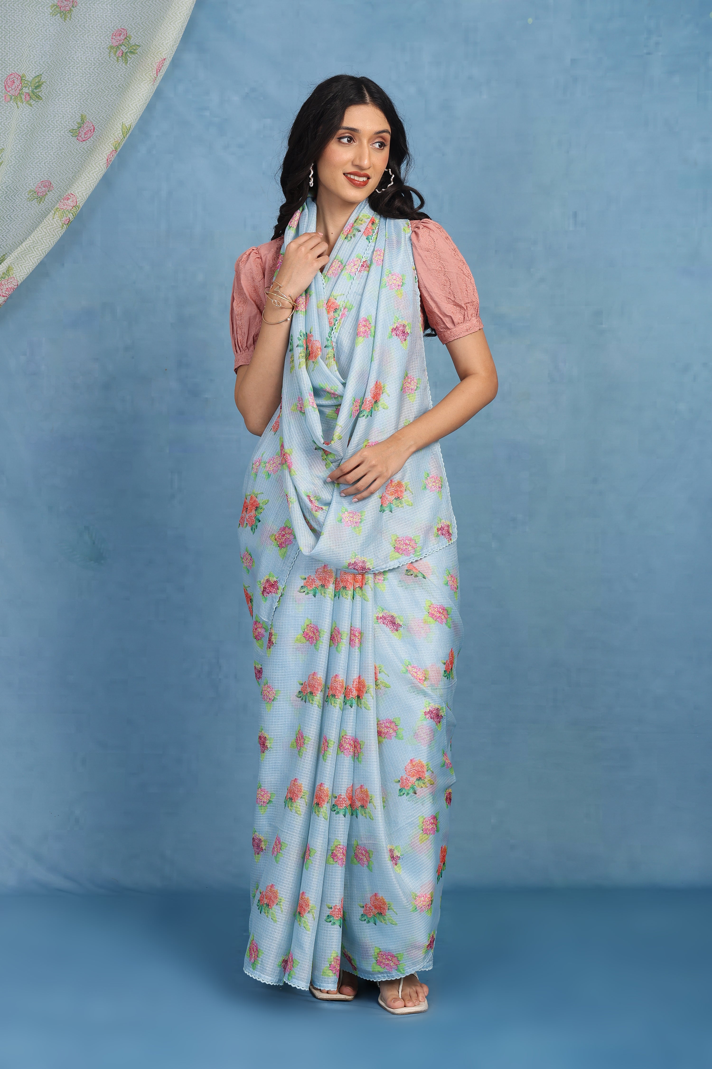 English Rose Garden- Sea Breeze Blue Kota Saree