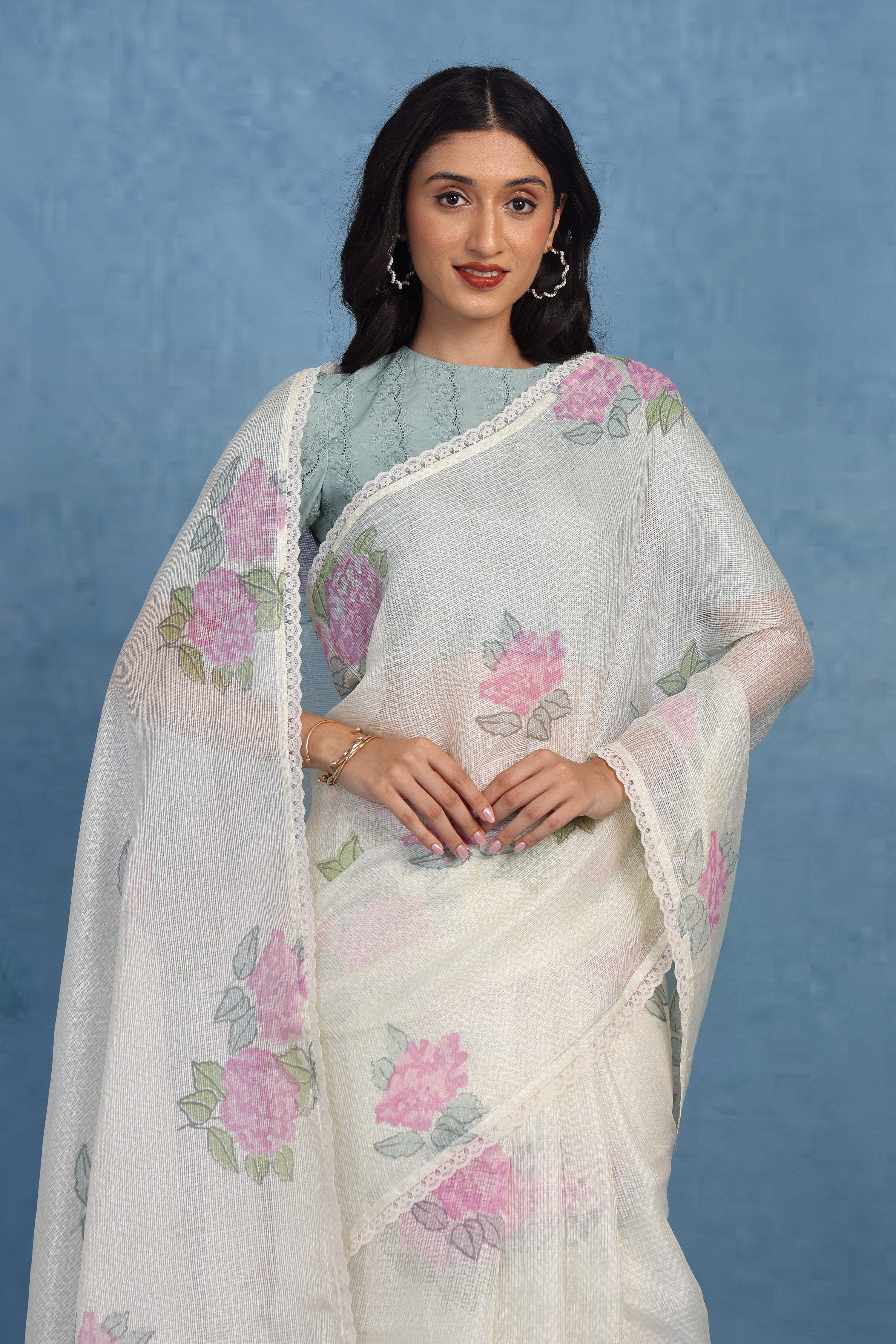 Ethereal Dreamy Hydrangea In Offwhite & Mint Kota Saree
