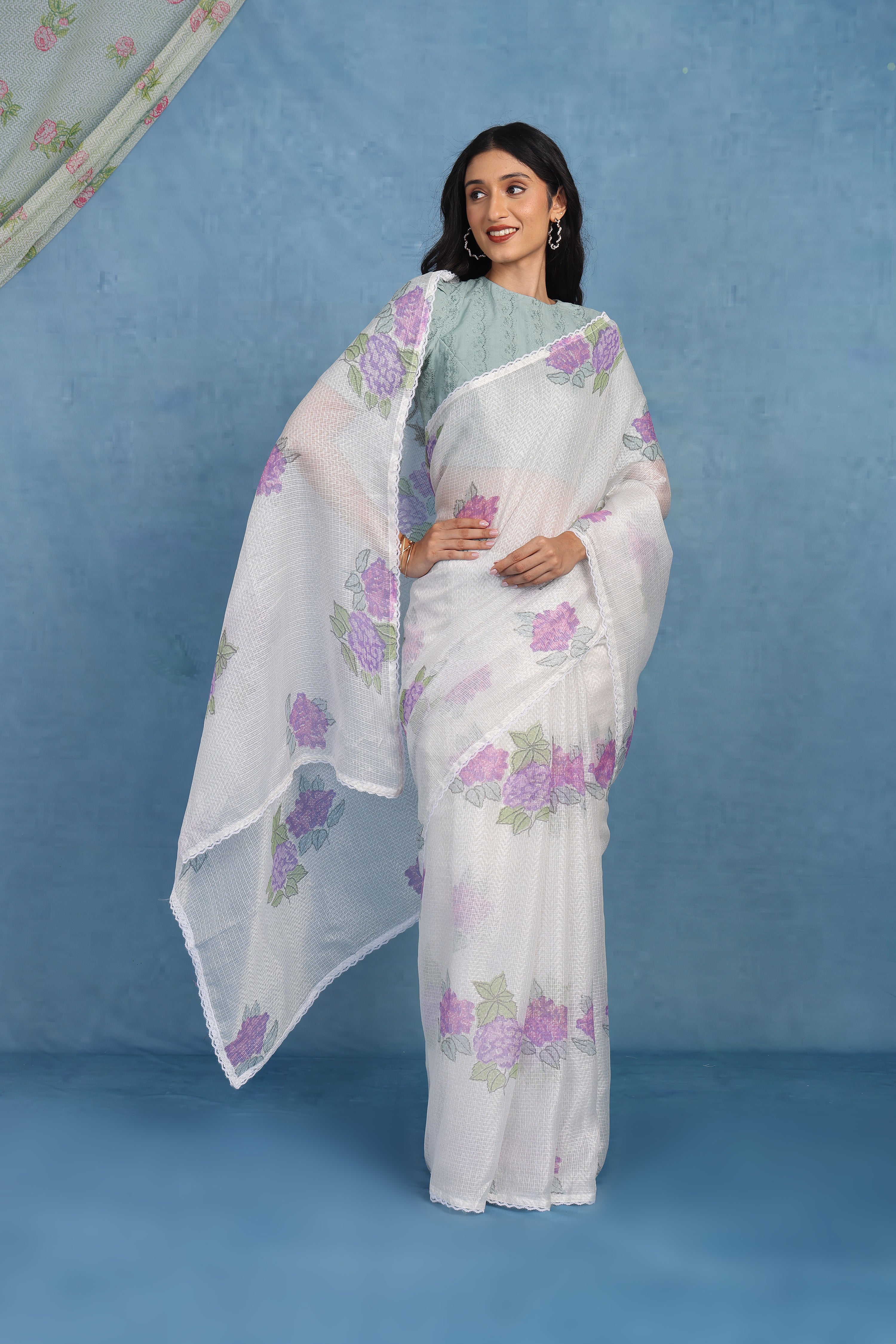 Ethereal Dreamy Hydrangea In Whie & Dusky Blue Kota Saree