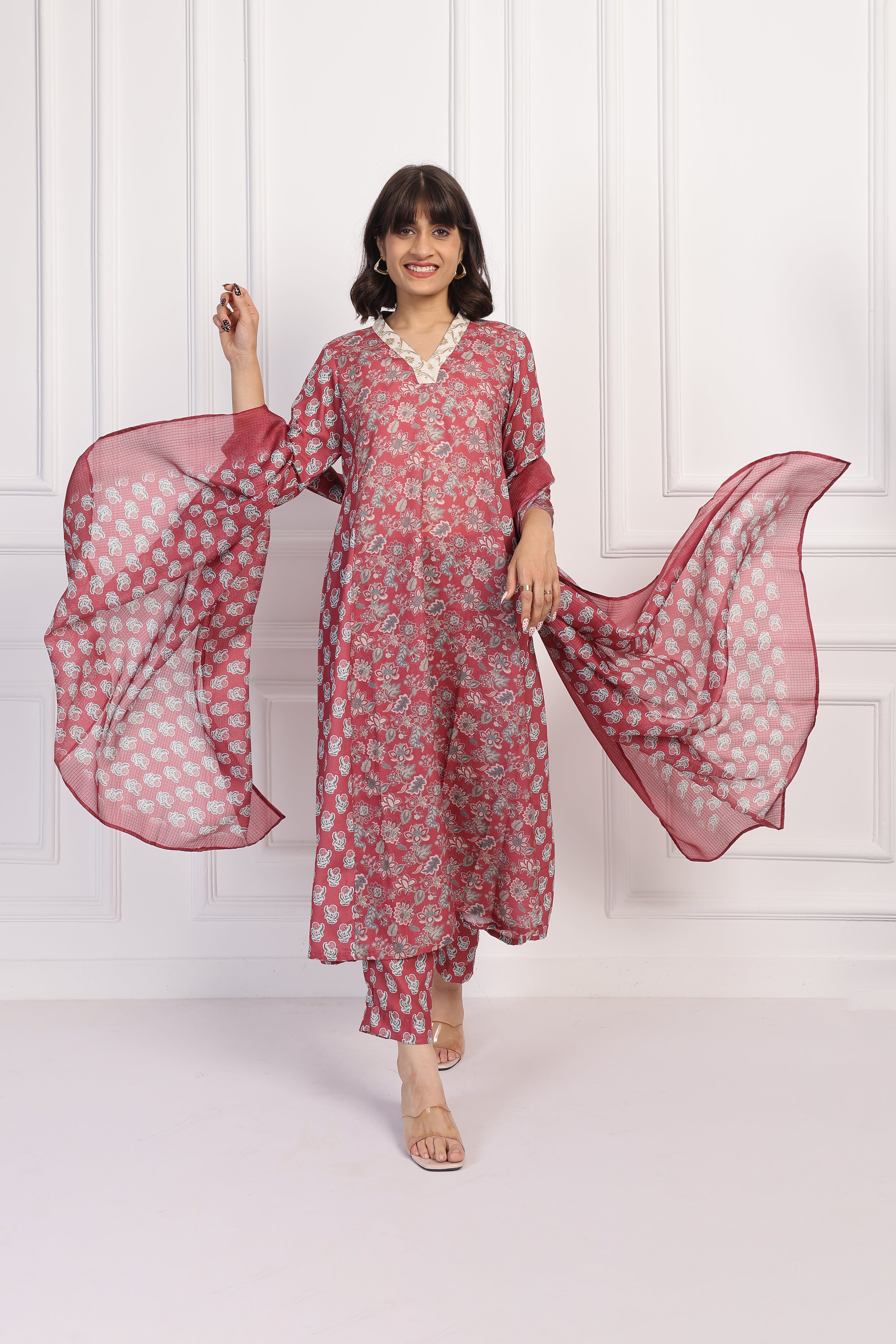 English Rose – Maroon Chintz Co-ord Set - Top And Bottom