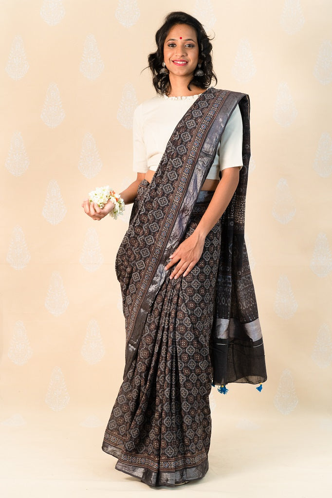 Charcoal Handloom Cotton Saree with Ajrakh Prints - Tina Eapen Design Studio