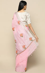 PASTEL PINK LINEN SAREE WITH KASHMIRI HAND EMBROIDERY