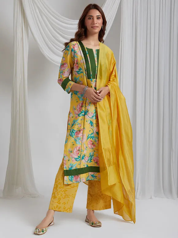 Mango Relish Handwoven Chanderi Silk Kurta With Printed Flowers