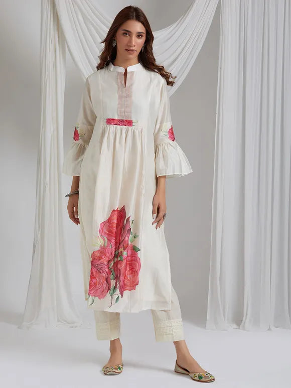 The White Lady Handwoven Chanderi Silk Kurta With Dessert Rose Print