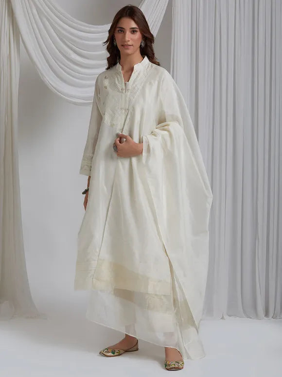 Frost Handwoven Chanderi Silk With Banarasi Jacquard And Pintucks