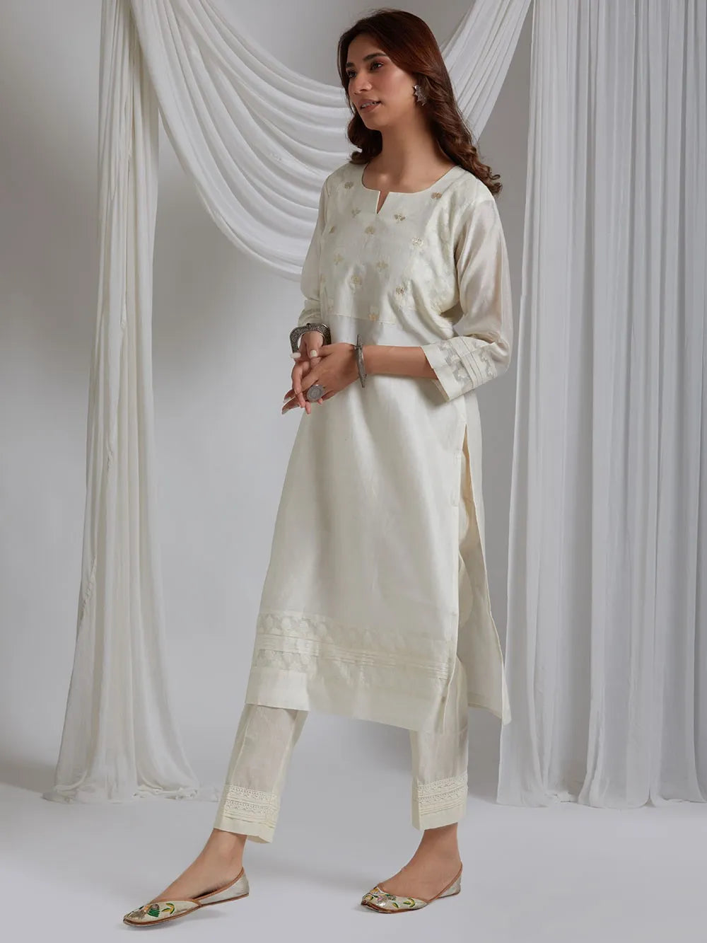 Pearl Handwoven Chanderi Silk With Banarasi Jacquard And Pintucks