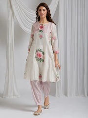 Pink Romance Handwoven Chanderi Silk Kurta With Delicate Printed Flowers
