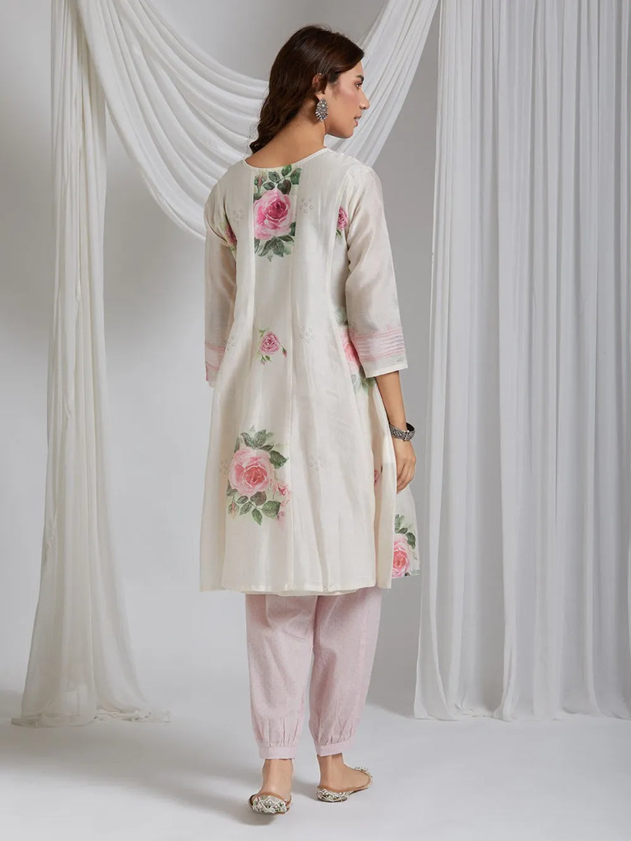 Pink Romance Handwoven Chanderi Silk Kurta With Delicate Printed Flowers