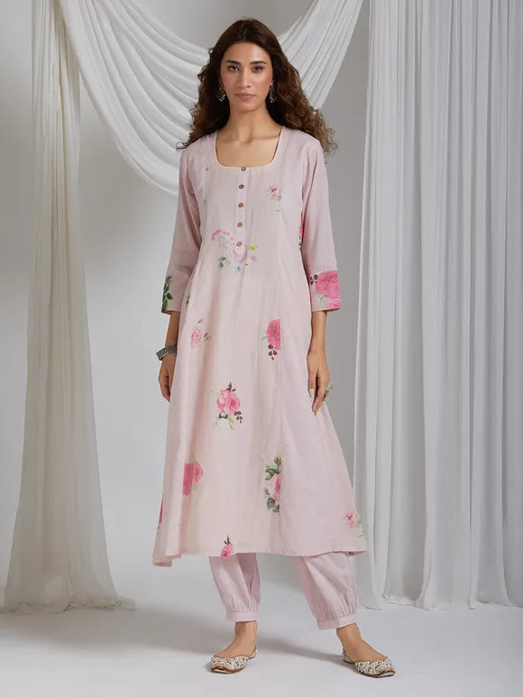Playful Pink Cotton Kurta With Delicate Printed Flowers