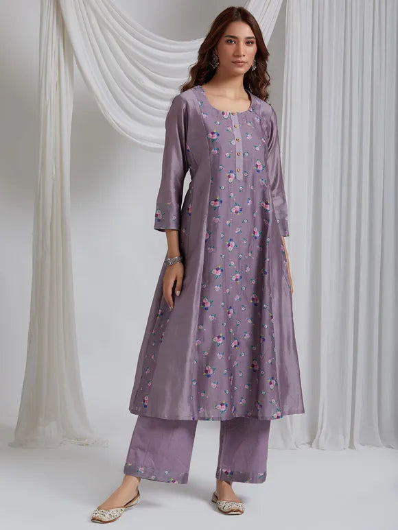 Scattered Lilac Kurta In Handwoven Printed Chander Silk