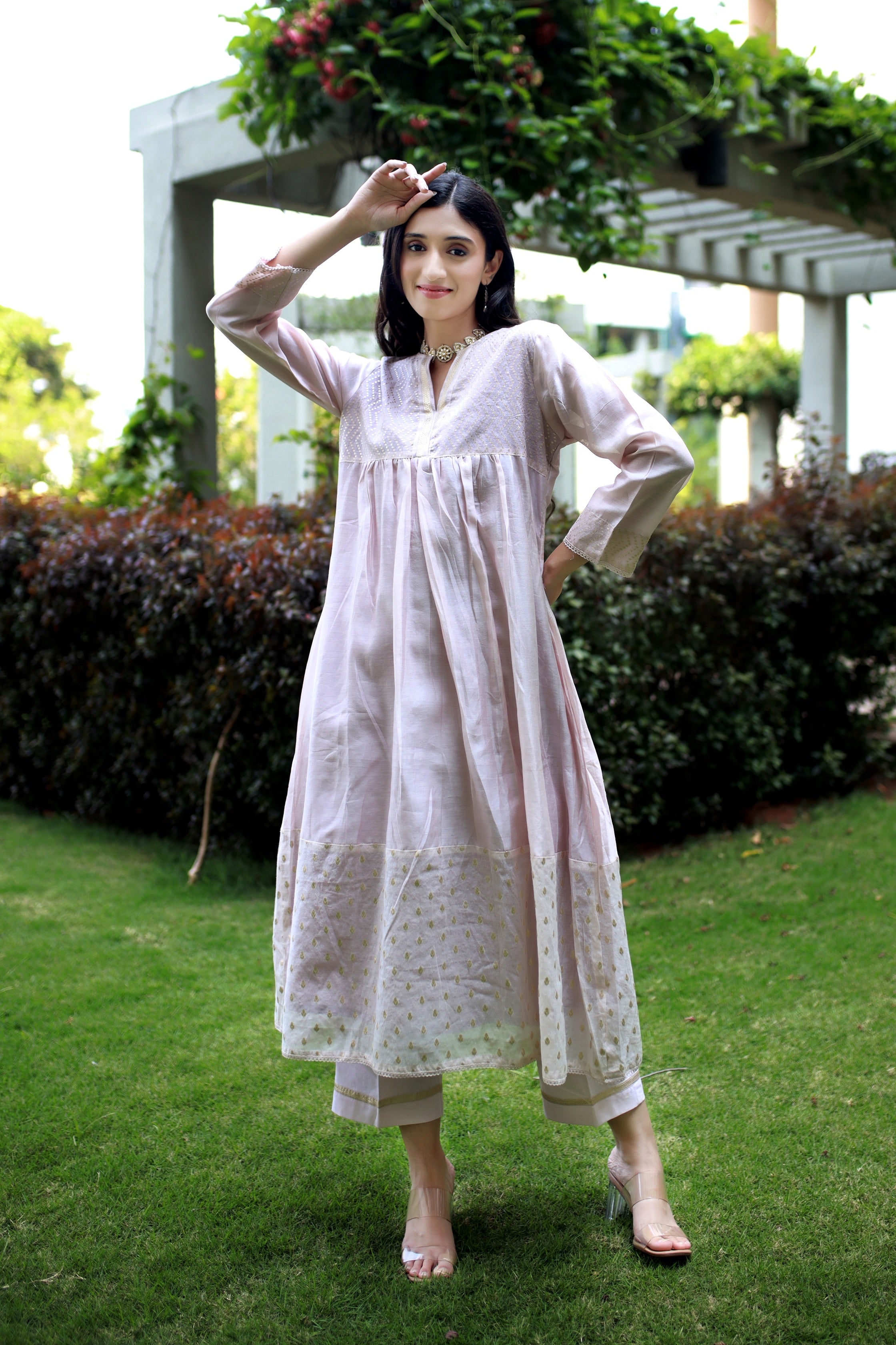 Shell Pink Handwoven Chanderi And Antique Brocade - Kurta & Pant