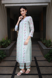 Teal Blue Green Modal-kota Kurta With Vintage Floral Design All Over And An Elaborate Yoke With Lace Detailing - Kurta & Pant with Dupatta