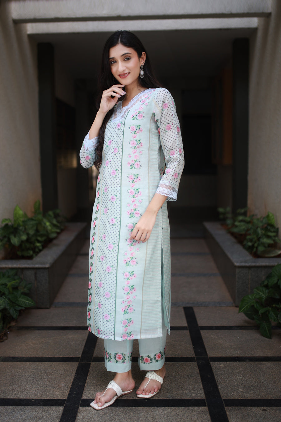 Teal Blue Green Modal-kota Kurta With Vintage Floral Design All Over And An Elaborate Yoke With Lace Detailing - Kurta & Pant with Dupatta