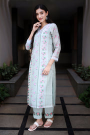 Teal Blue Green Modal-kota Kurta With Vintage Floral Design All Over And An Elaborate Yoke With Lace Detailing - Kurta & Pant with Dupatta